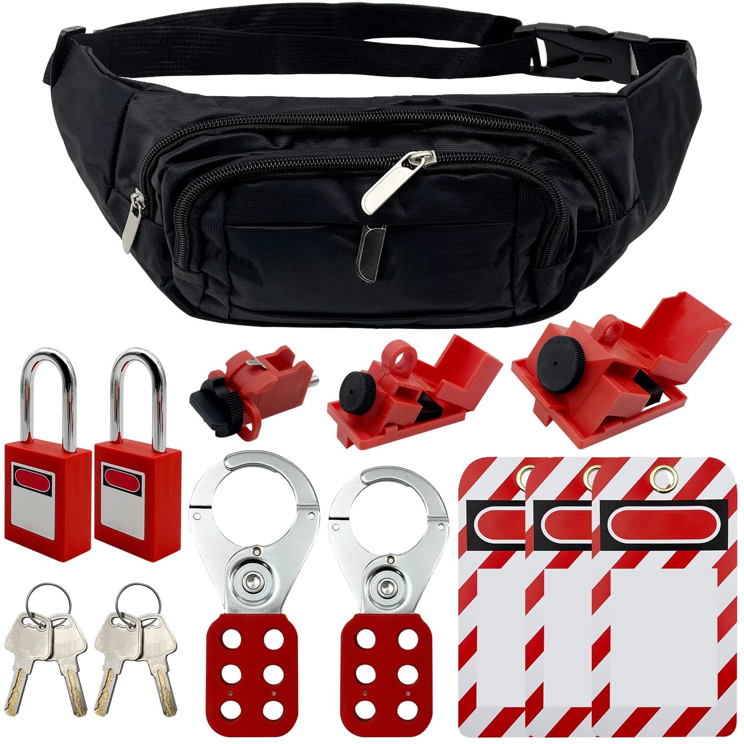 Lockout Tagout Kit - Clamp-On Circuit Breaker, Group Hasps, Tag, Universal Multi-Pole Breaker With Pocket Bag (Black Kit)
