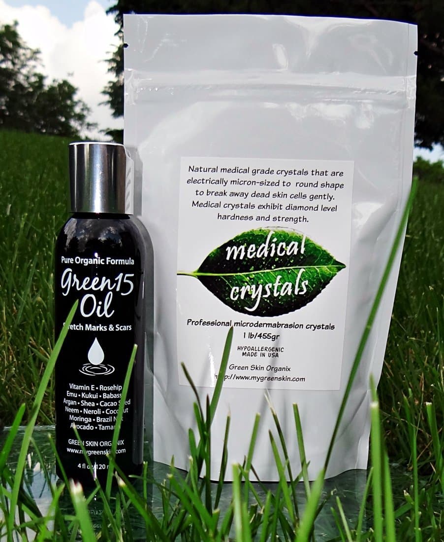 Best Stretch Mark STARTER KIT microdermabrasion Medical Crystals + Green15 Oil for stretch marks shown to prevent and remove old stretch marks, microdermabrasion crystals exfoliate dead scars and stretch marks, stretch mark oil nourishes and repairs overstretched skin, dead skin exfoliant, professional grade body scrub
