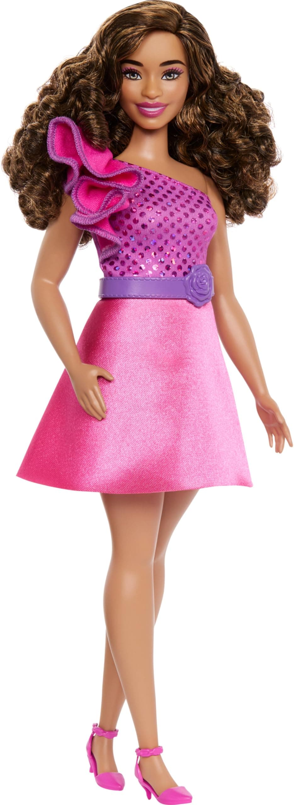 Barbie Fashionistas Doll #225, Curvy Body Type with Brown Hair, Pink Sparkly Dress & Accessories, 65th Anniversary Collectible Fashion Doll