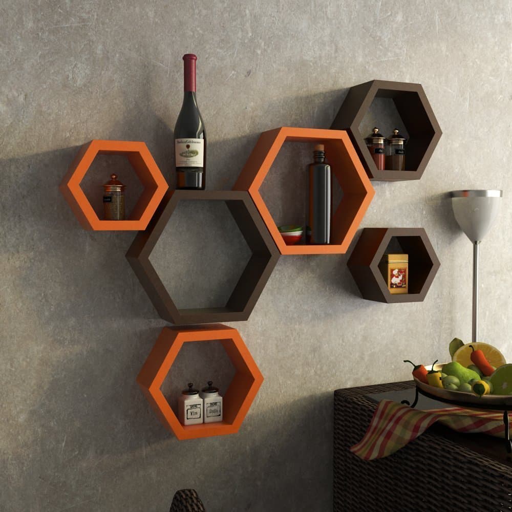 Clover Crafts Hexagonal Shape Engineered Wood Floating Wall Mounted Shelf for Living Room | Bed Room | Kitchen | Home Decoration Set of 6 (Orange & Brown)