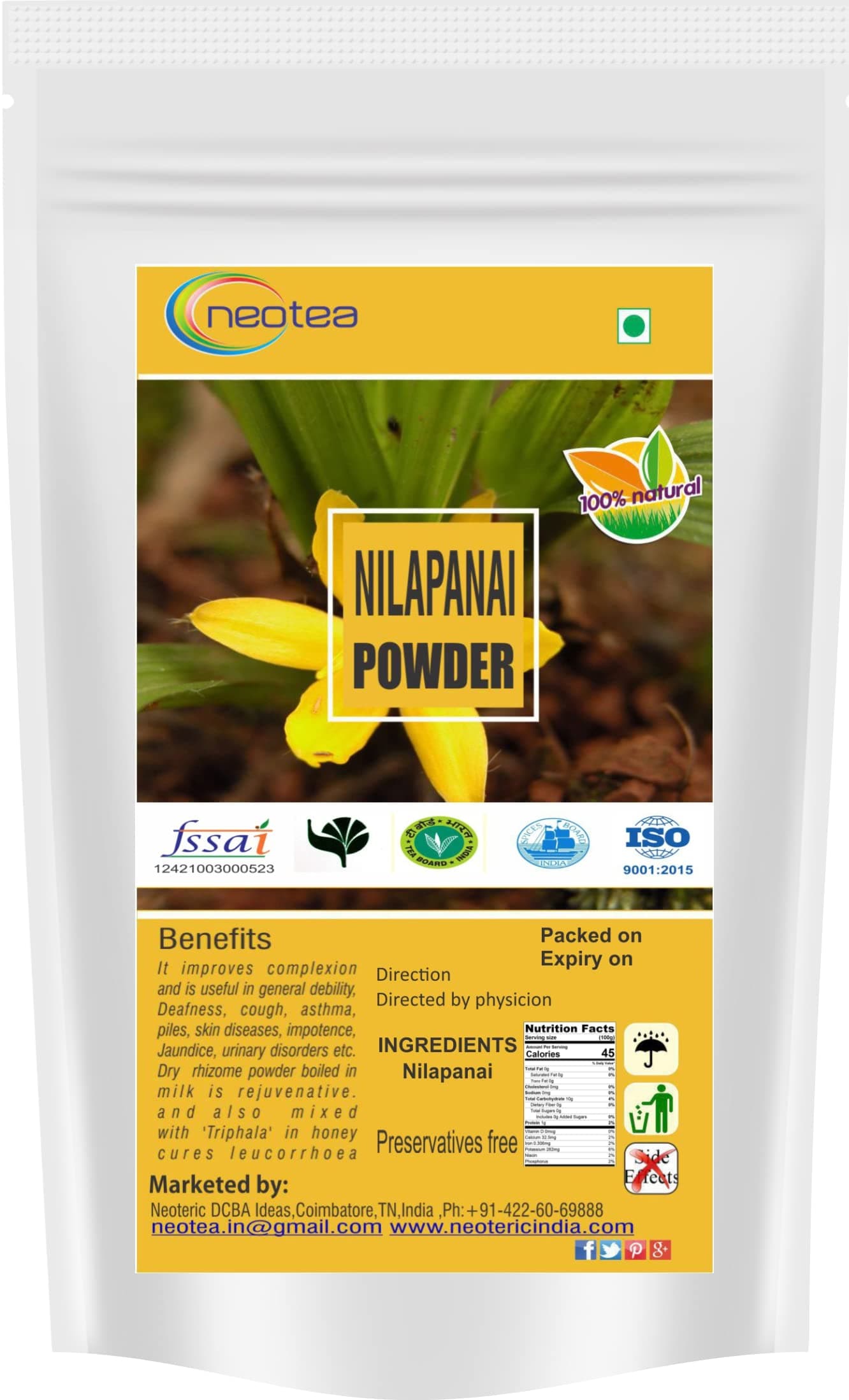Neotea Nilapanai Kilangu Powder | Curculigo Orchioides/Nillapanai/Nila Panai Kizhangu | Organic Herbal Root Powder for Wellness & Vitality | Black Musli Powder | Pure Kali Musli Root | 500GM Pack