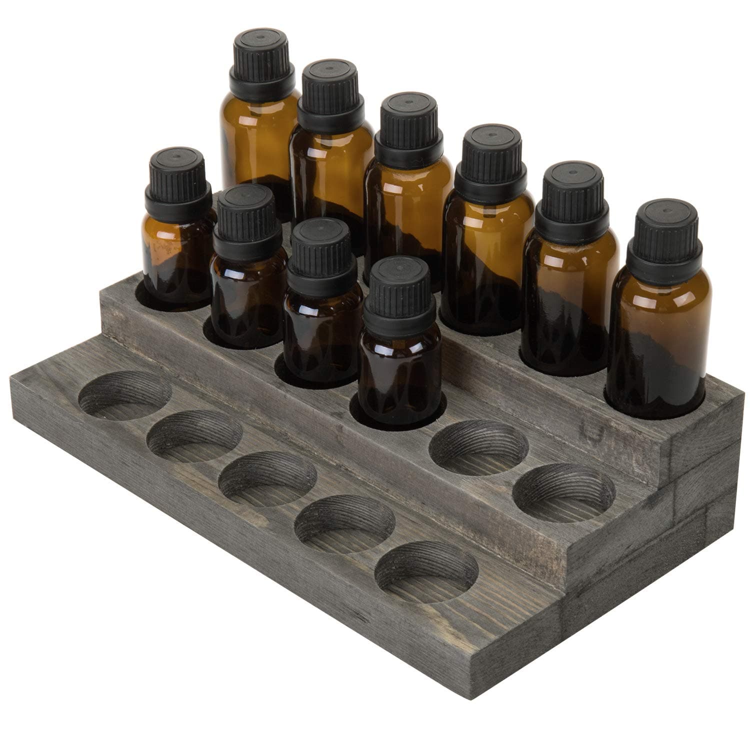 MyGift Vintage Gray Wood 3-Tier Essential Oil Display Stands, Countertop Organizer Rack for 17 Bottles Each
