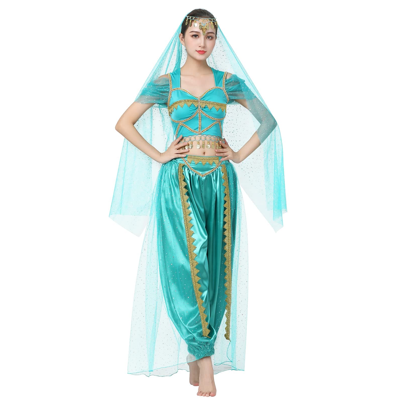 IDOPIP Women's Princess Jasmine Costume Adult Arabian Nights Princess Costume Fancy Dress up Carnival Halloween Outfit Belly Dance Cosplay Jasmine Princess Suit M-XL