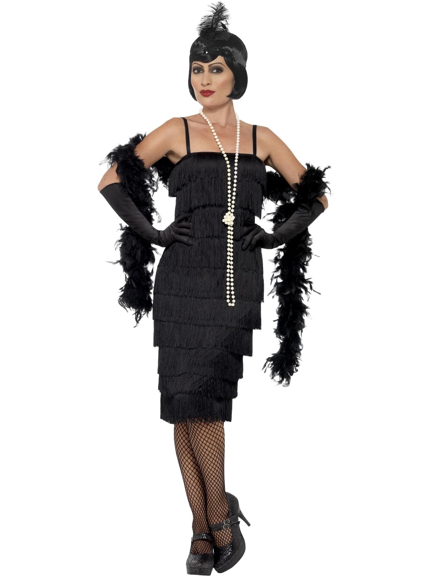 Smiffys Flapper Costume, Black with Long Dress, Headband & Gloves, 1920's Razzle Fancy Dress, Adult Dress Up Costumes