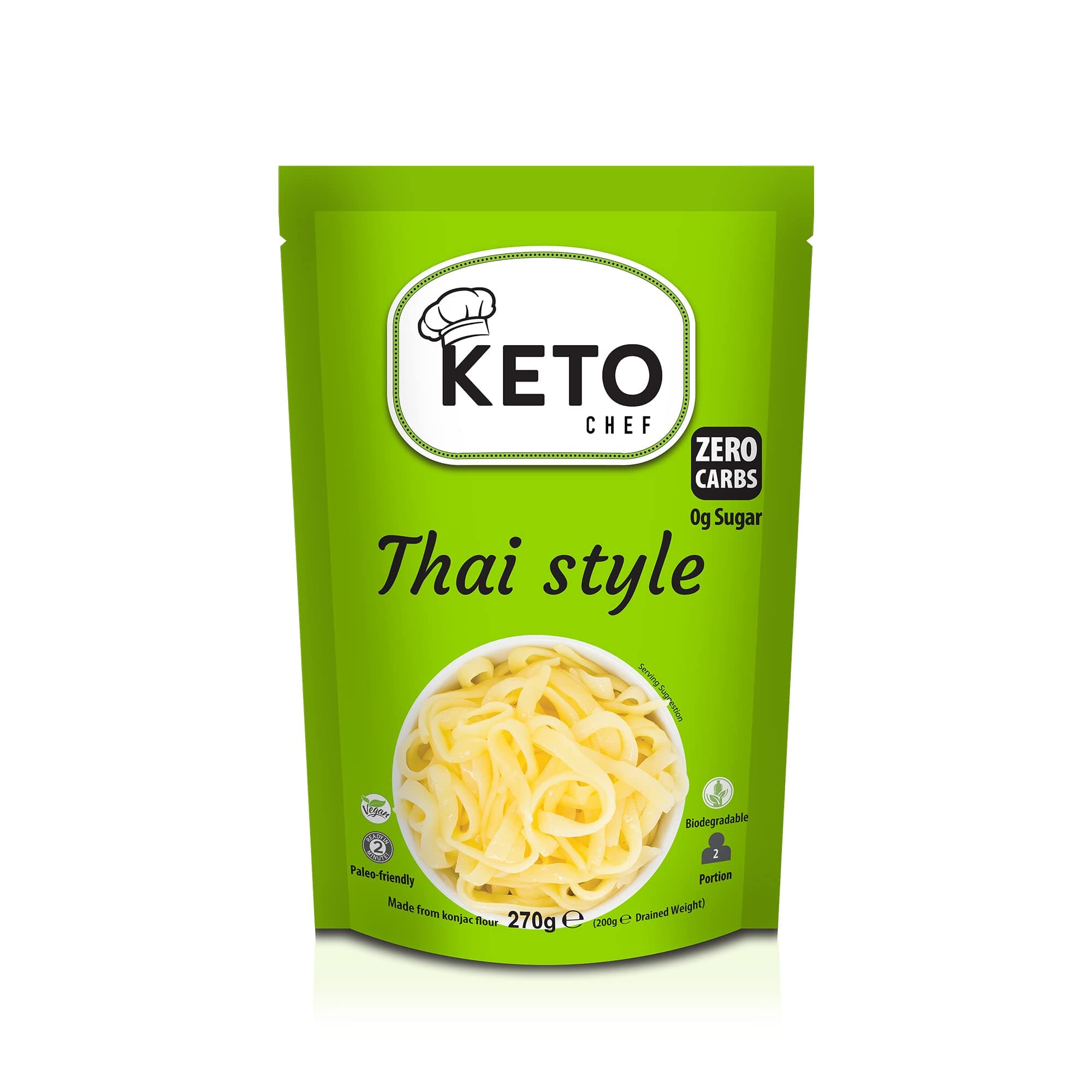 Keto Chef Vegan Thai Style Noodles - Paleo Friendly Instant Konjac Noodle, Shirataki, Free-From & Sugar Free, Contains Zero Carbs & Fat, Keto Friendly Healthy Diet Food | Ready to Eat (270g)