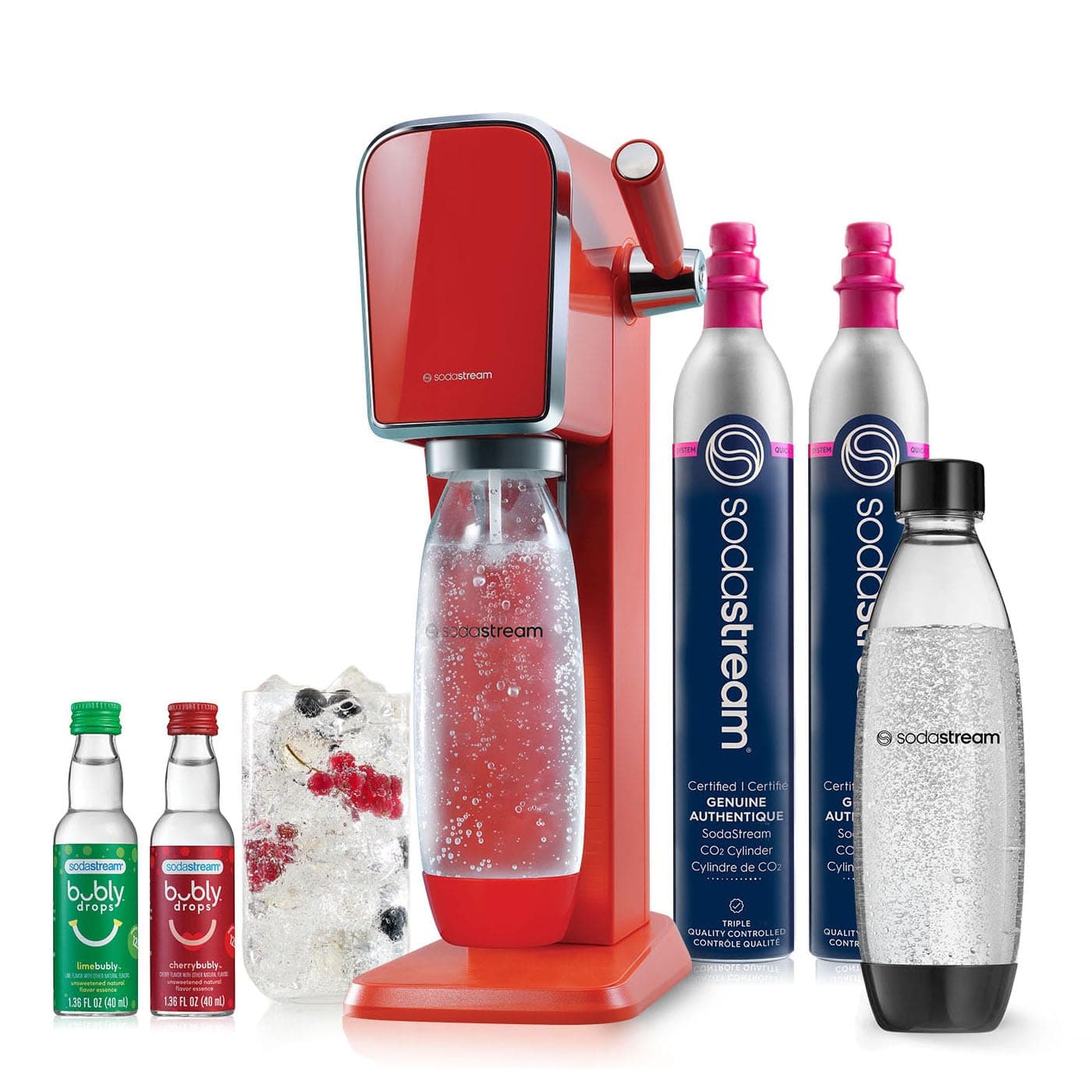 ART Sparkling Water Maker | VALUE BUNDLE | CQC CO2 system | Includes 2x CO2 Cylinders, 2x 32 Fl Oz Dishwasher Safe Bottles, 2x Bubly Flavor Drops | Combine with Flavors | Mandarin Red
