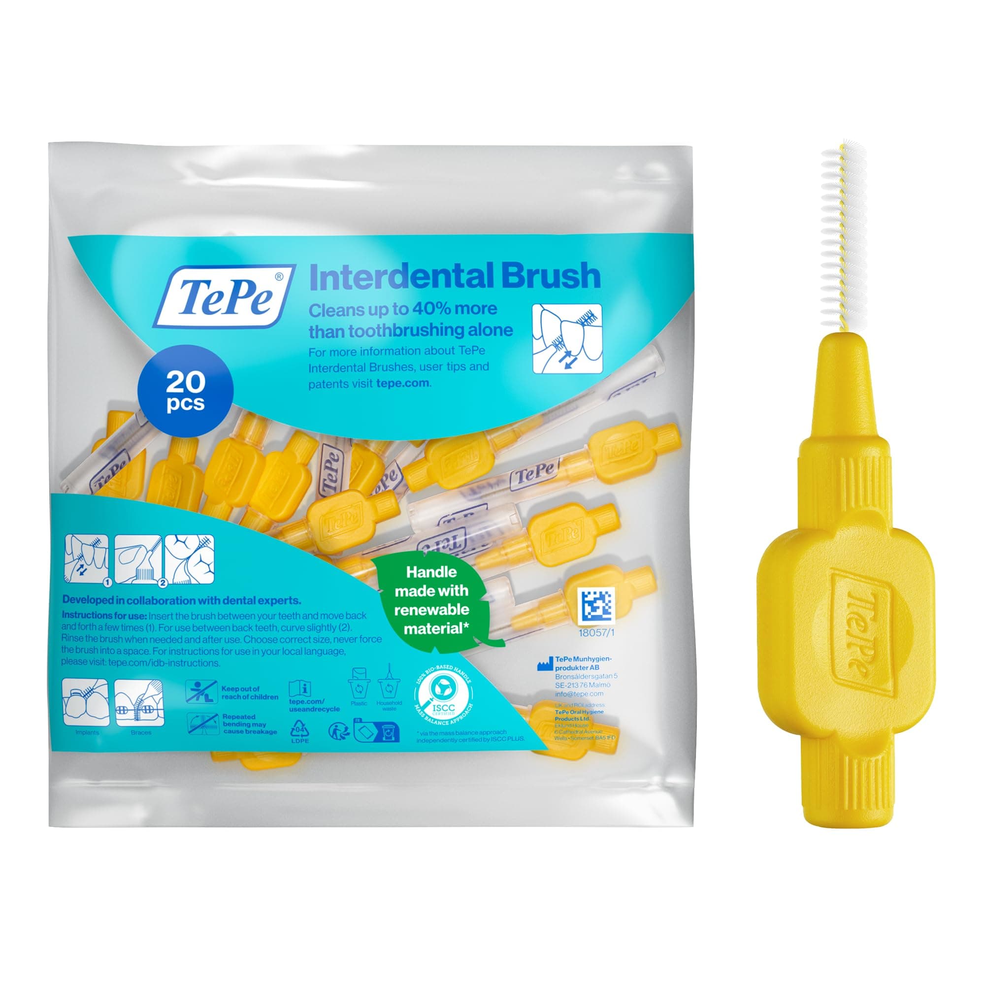 TePe Interdental Brush, Original, Yellow, 0.7mm/ISO 4, 20pcs, efficient Cleaning Between Teeth, Plaque Remover and Dental flosser for Small Gaps