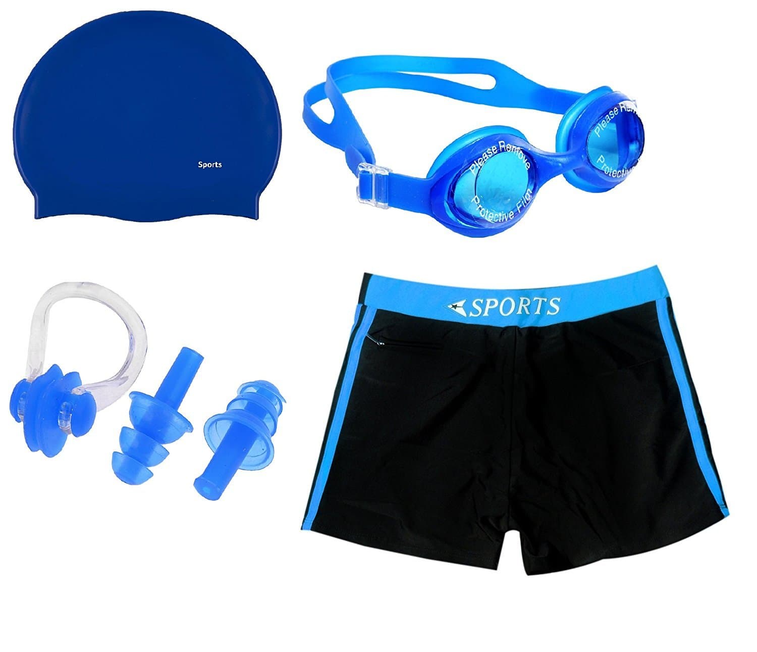BODY MAXX Swimming Kit - Swimming Shorts, Silicone Swim Cap, Goggle, 2 Pc Ear Plugs and 1 Nose Clip Combo (Blue)