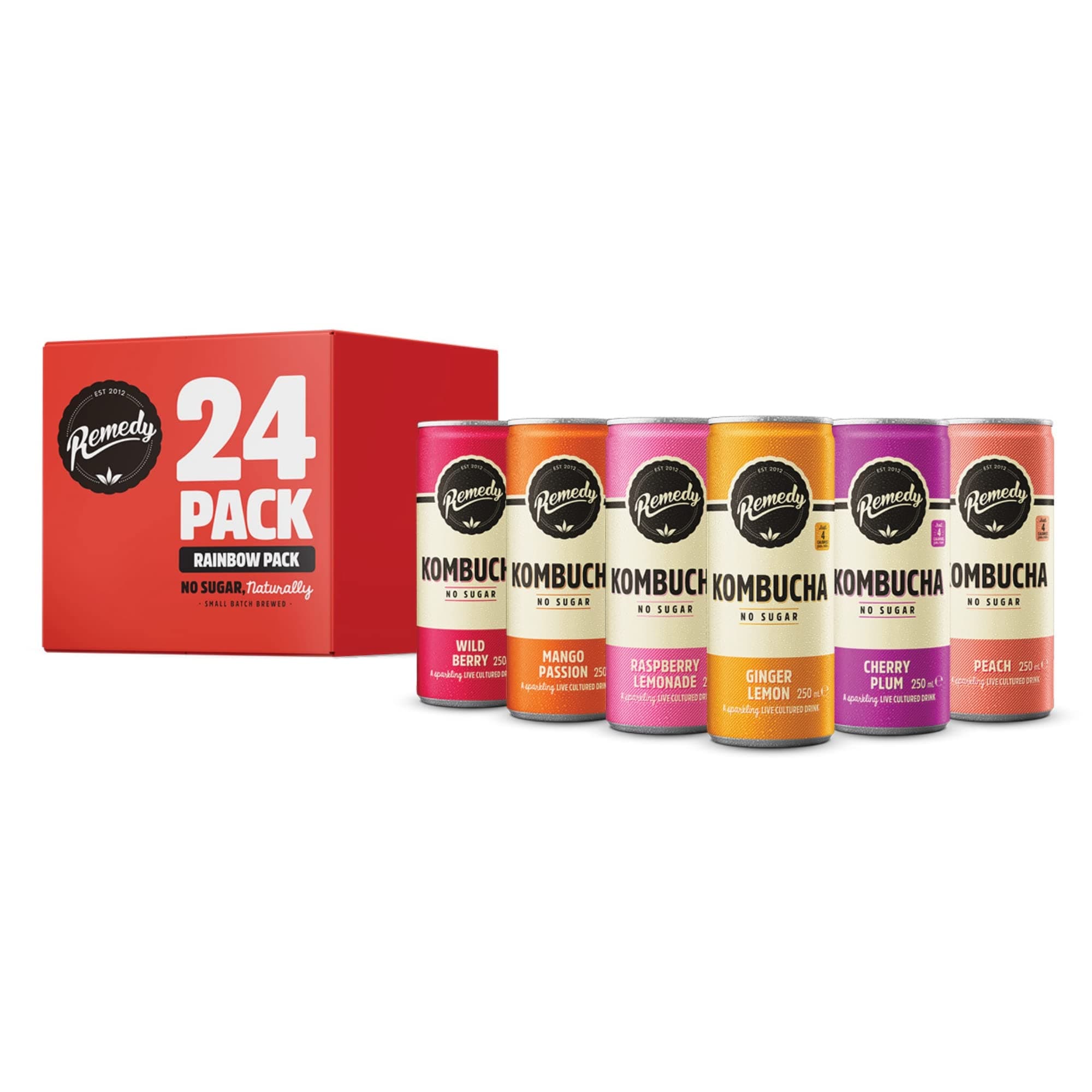 Kombucha Tea - Rainbow Mixed Pack - Sparkling Live Cultured Drink - Naturally Sugar Free Soft Drink - Probiotic Drink for Gut Health - 24 x 250ml