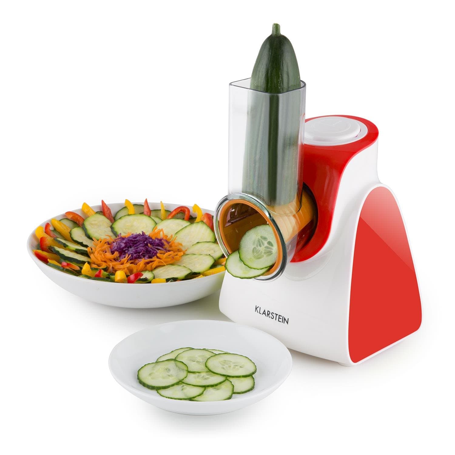 Klarstein - Carrot & Rock Electric Kitchen Mandolin Vegetable Slicer (150W Power, 5 Accessories, Grater, Slicer, Suitable for Fruit and Cheese) red