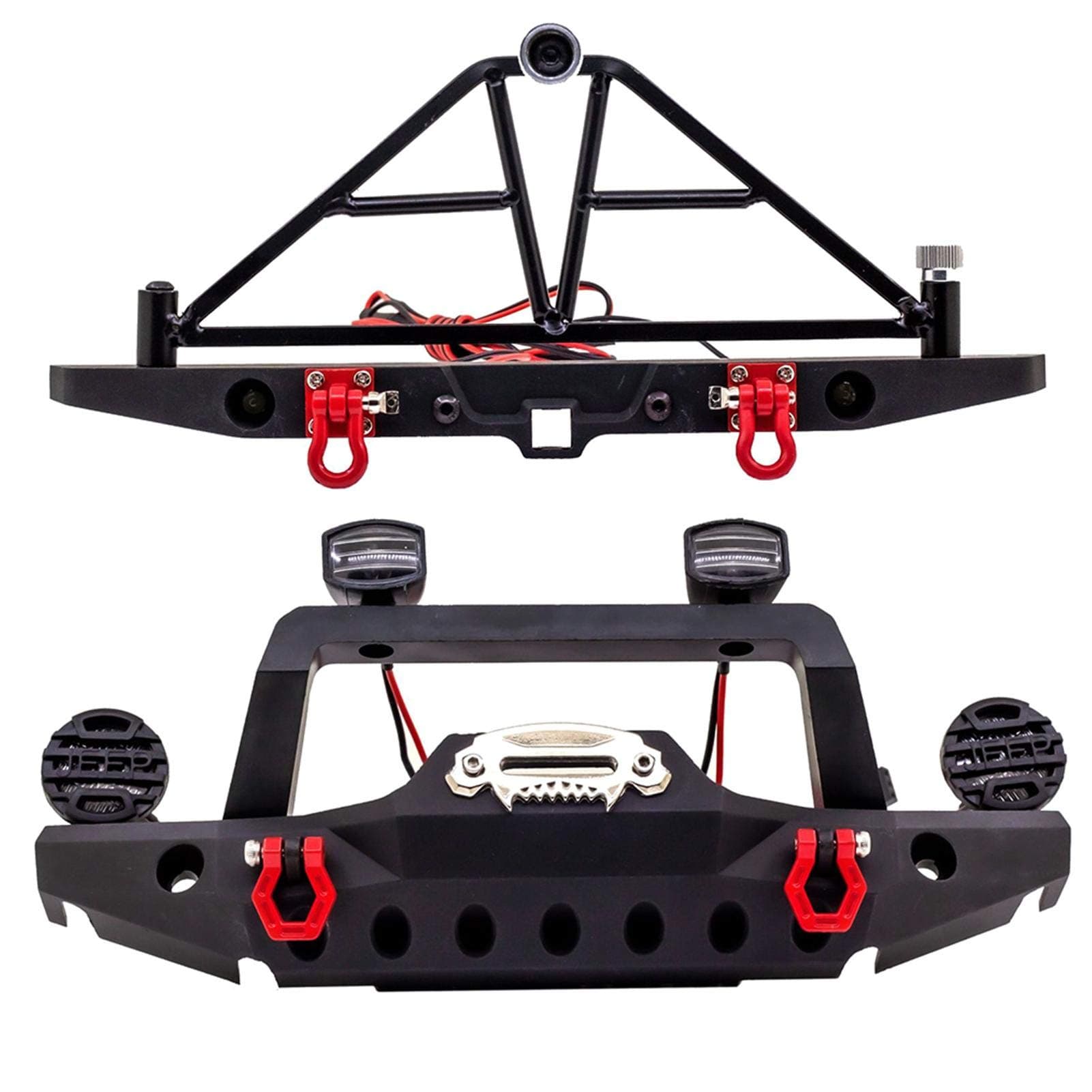 RC Crawler Car Front Rear Bumper, Metal RC Car Bumper with LED Lights for SCX10 90046 for TRX4 Axial for SCX10 iii AX103007 1/10 RC Crawler Part Accessory