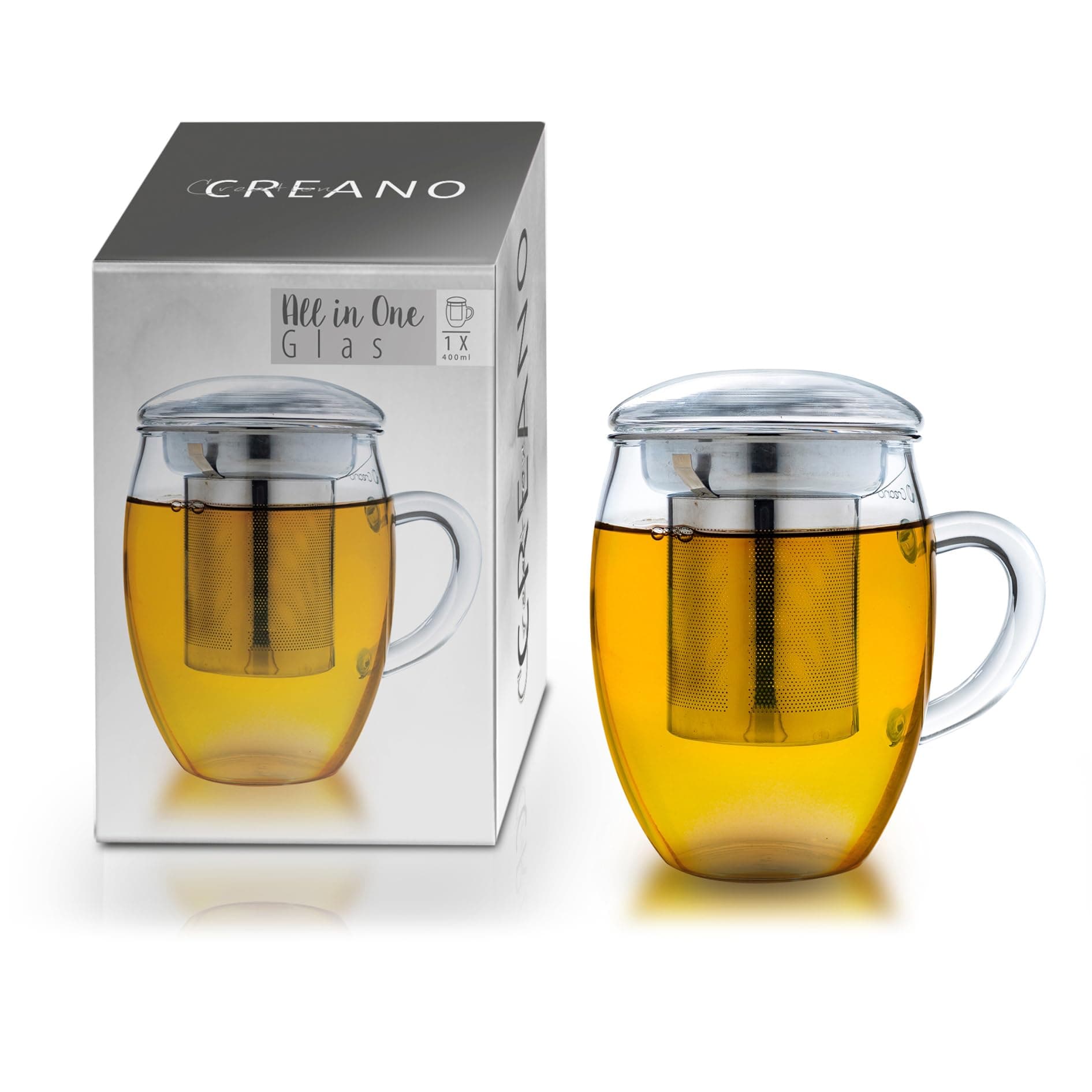 Creano Tea Glass All in One 400 ml, Large Tea Cup with Stainless Steel Strainer and Glass Lid, Tea Maker in Attractive Gift Packaging (1 x 400 ml)
