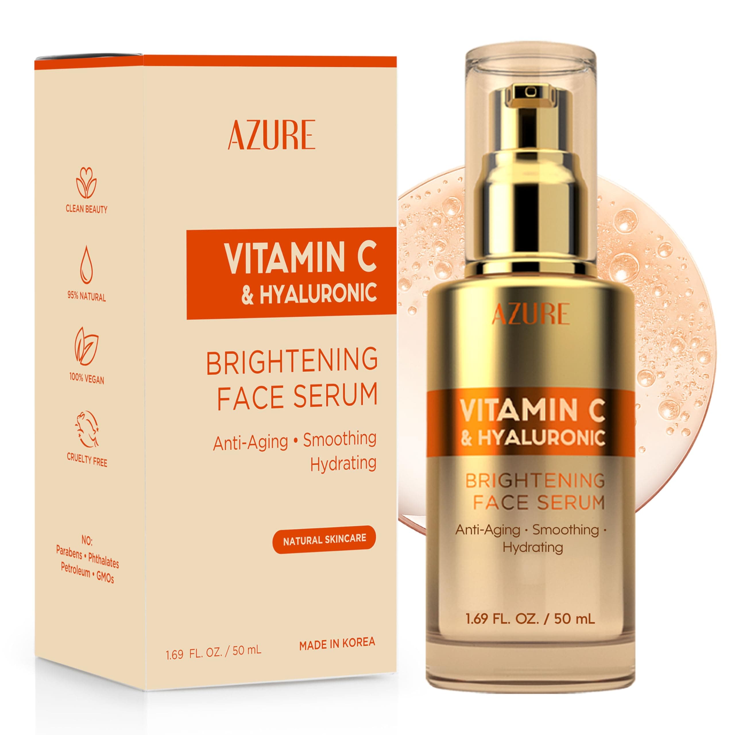 Azure Vitamin C Serum for Face with Hyaluronic Acid – Hydrating & Revitalizing Formula For Dry, Dull, Aging Skin – Dermatologist Tested, Anti-Aging, Korean Skin Care – Vegan Clean Beauty – 1.69 Fl Oz