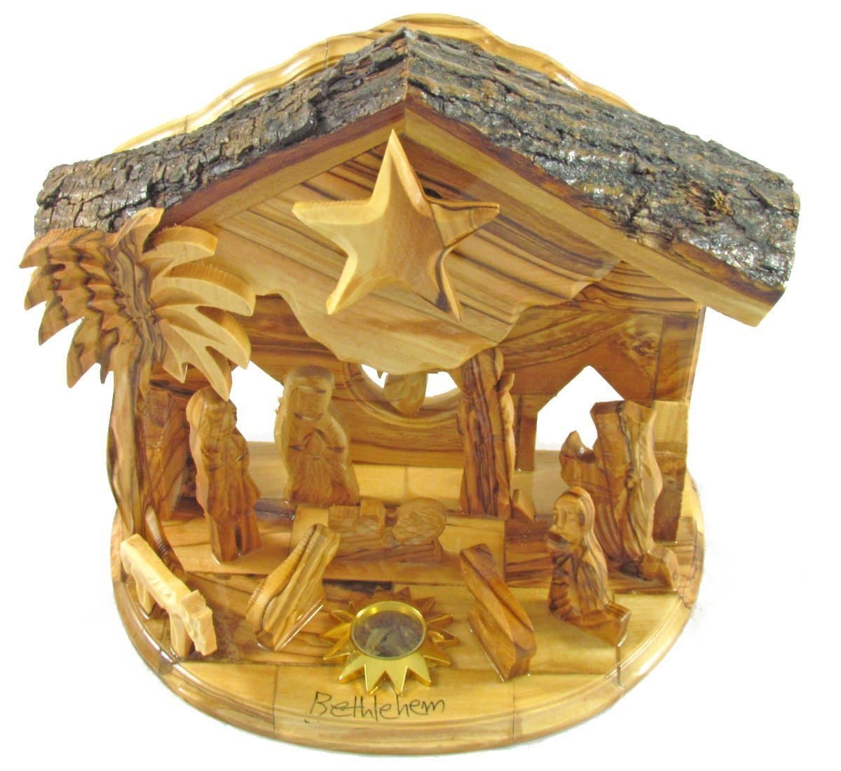 Olive Wood Rotating Star Musical Nativity Scene - Plays Silent Night