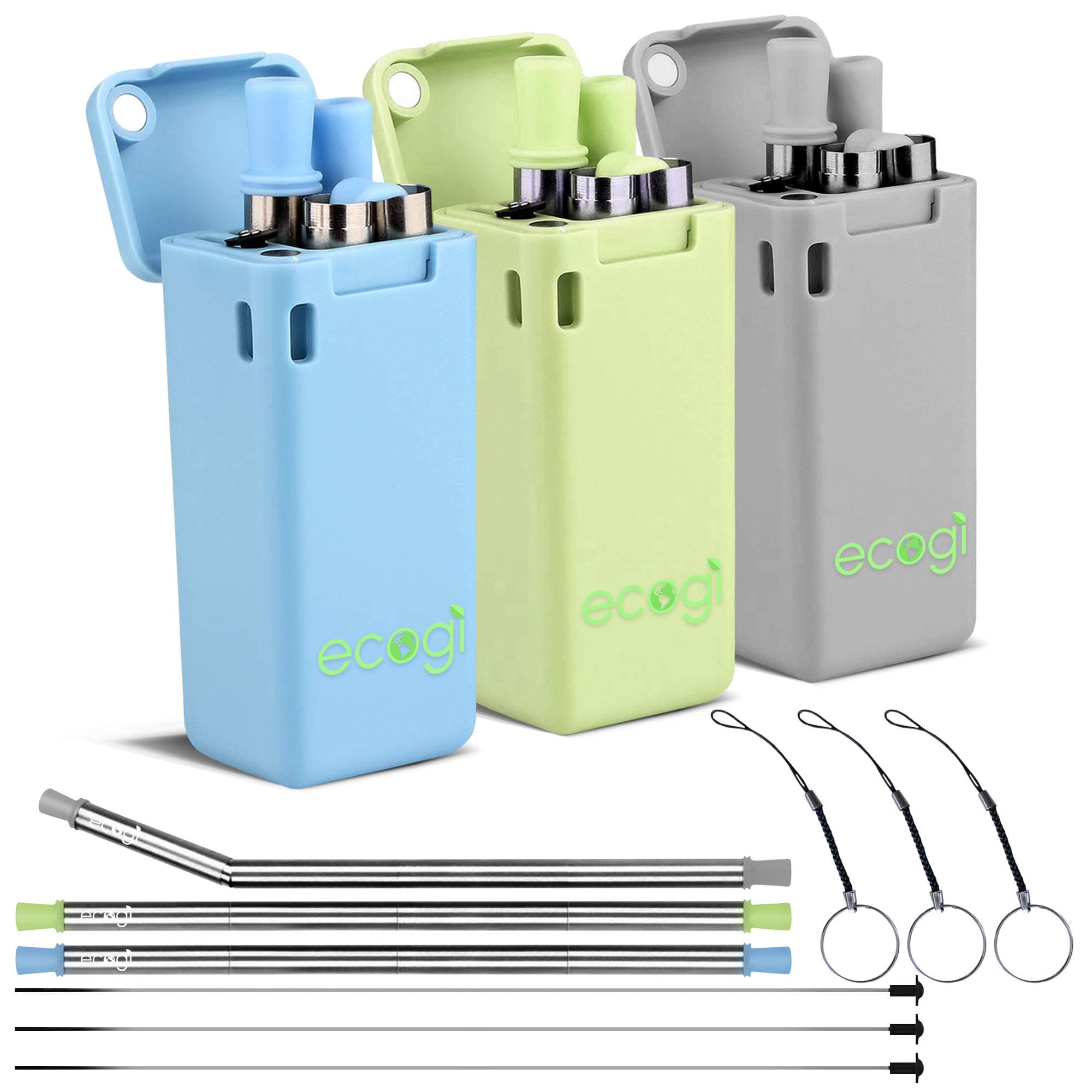 ecogi Folding Straw 3-Pack | Reusable Stainless Steel Straws | Collapsible Expandable High Food Grade Portable Set with Cleaning Brush and Hard Carrying Case | Dishwasher Safe | Blue Gray Green