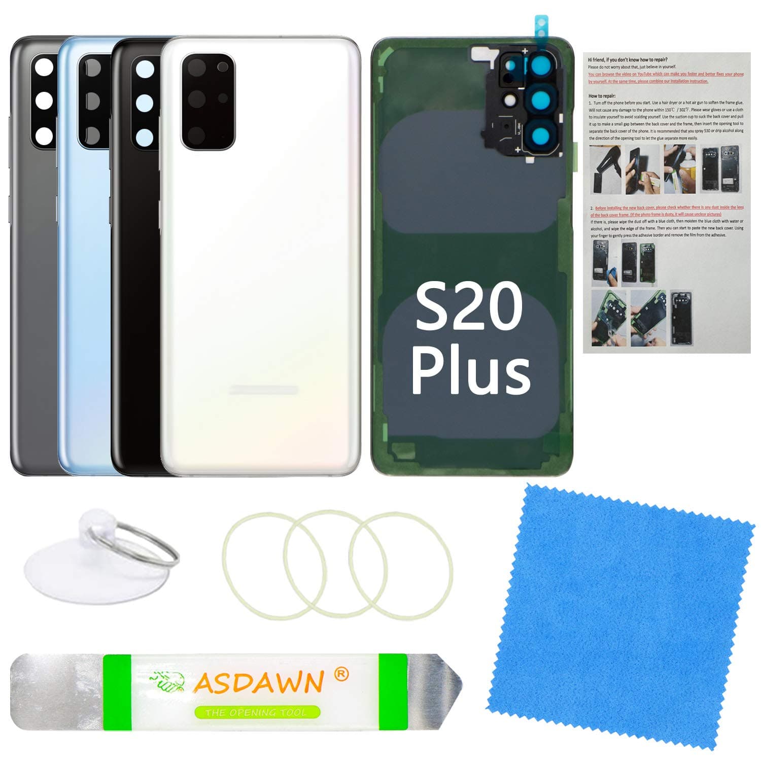 ASDAWNGalaxy S20+ Back Glass Cover Replacement Housing Door w/Pre-Installed Camera Lens + All The Adhesive + Tools for Samsung Galaxy S20 Plus 5G SM-G985 SM-G986 All Carriers (Cloud White)