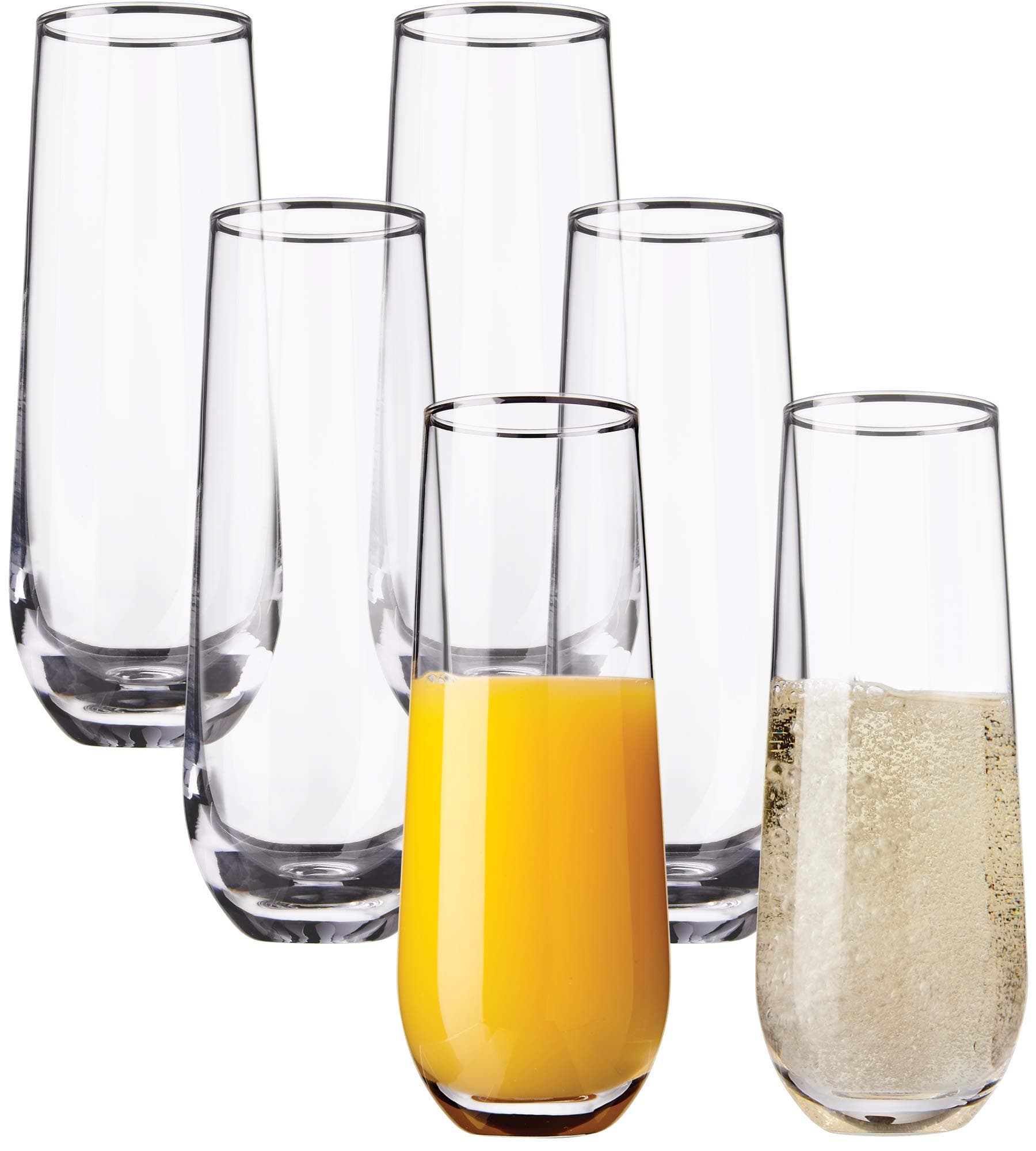 10oz Stemless Champagne Flutes- Set of 6 Champagne Glasses – Elegant Highball Tumblers - Premium Clear Glass, Wine, Shots, Cocktails, Champagne, Mimosa for Parties – Dishwasher Safe