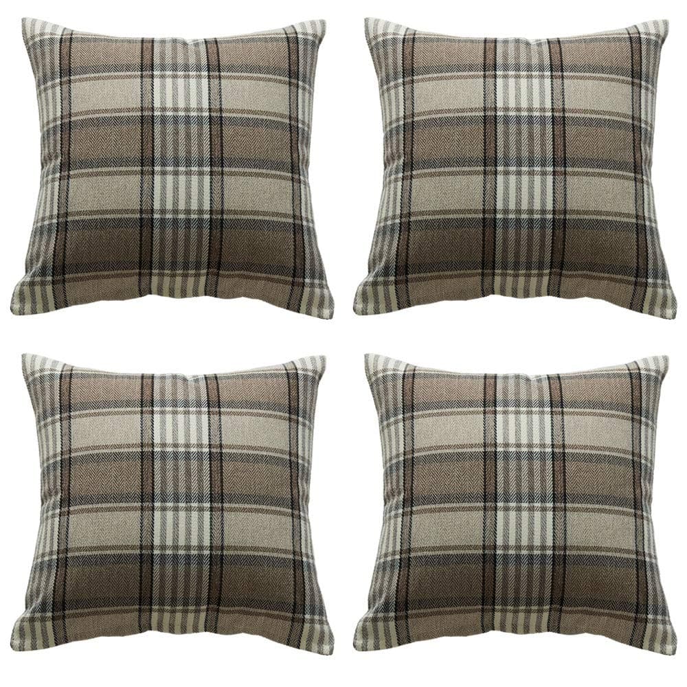 ZBW Impex - Pack of 4 - Tartan Check Plaid Cushion Covers Striped Decorative Pillowcase For Home Sofa Bedroom Living Room 18 x 18 inch (Brown)