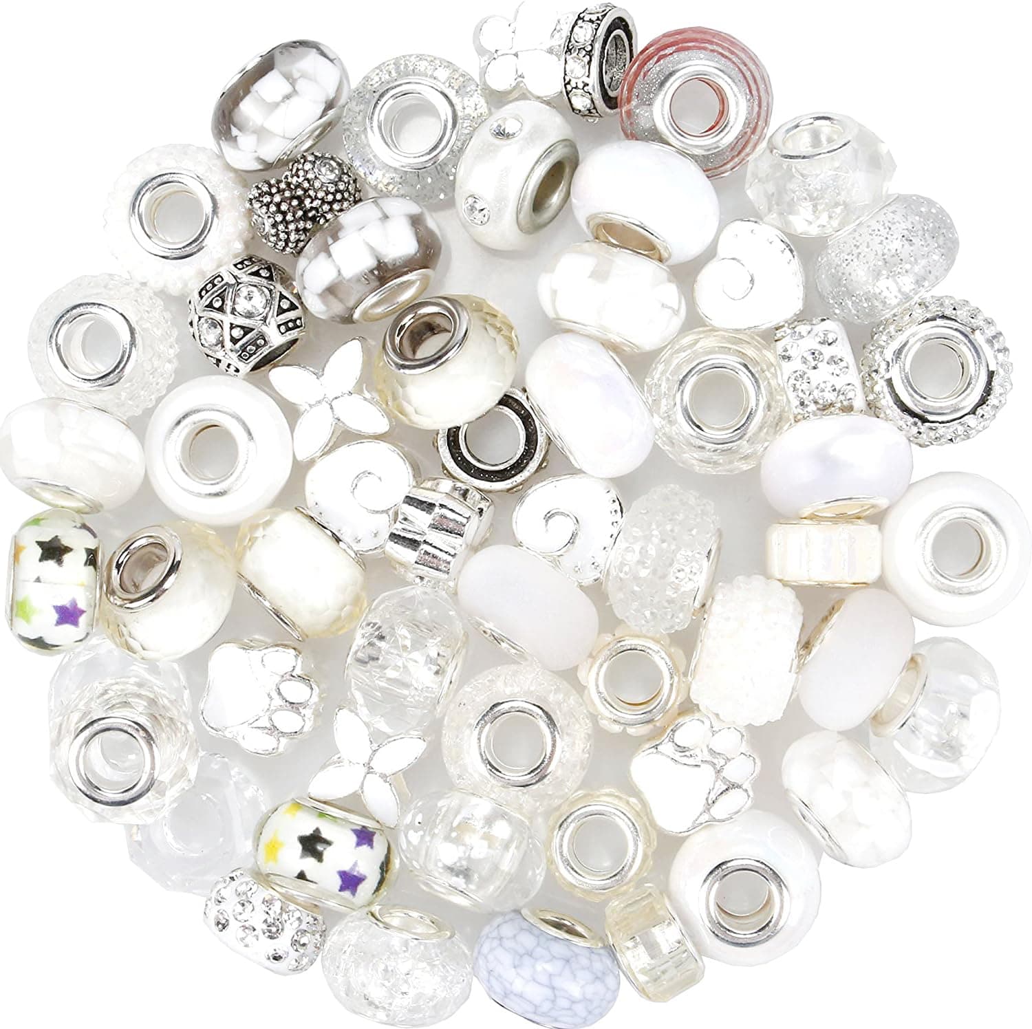 60 Pieces Assorted European Beads with Copper Core Big Hole Resin Spacer No Copper Core Lampwork Colorful Beads Rhinestone Craft Beads for DIY Charm Bracelet Jewelry Making (White)