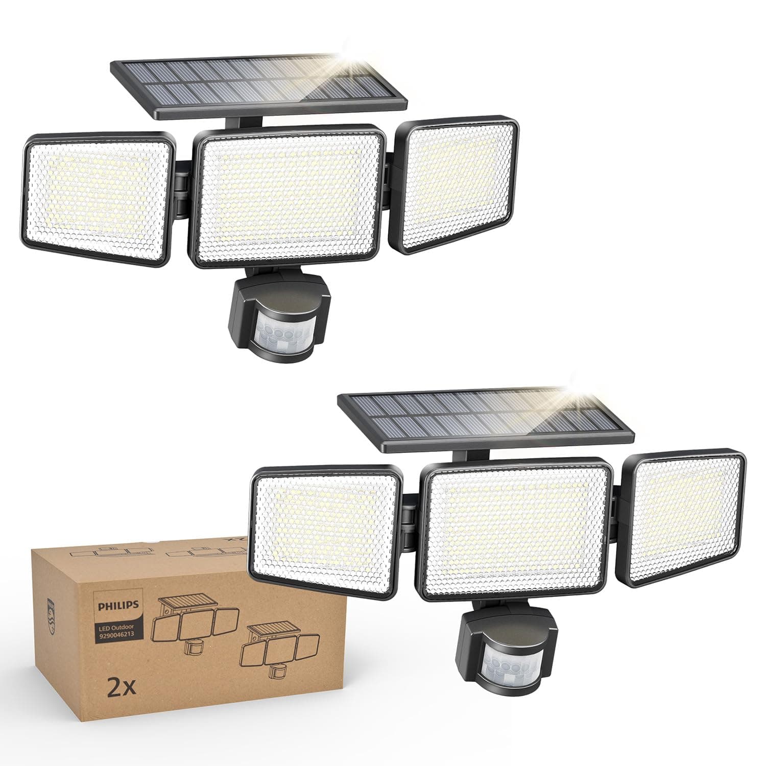 PHILIPS Solar Security Light Outdoor 302 LED 1200lm, Solar-Powered Waterproof Wall-Mounted Floodlight w/PIR Motion Sensor, 3 Heads, IP65 Waterproof, 3 Modes (2)
