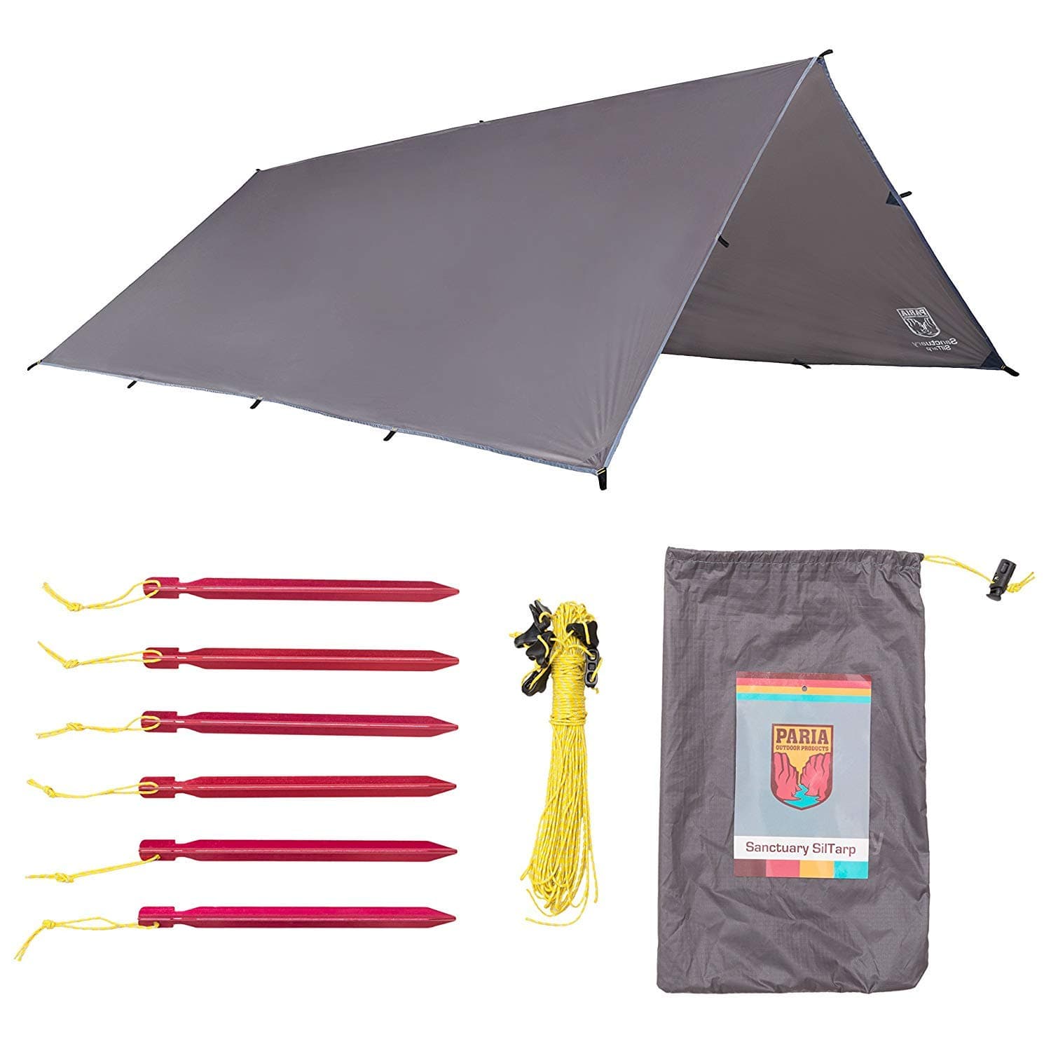 Paria Outdoor Products Sanctuary SilTarp - Ultralight and Waterproof Ripstop Silnylon Rain Shelter/Sunshade Tarp, Guy Line and Stake Kit - Perfect for Hammocks, Camping and Backpacking