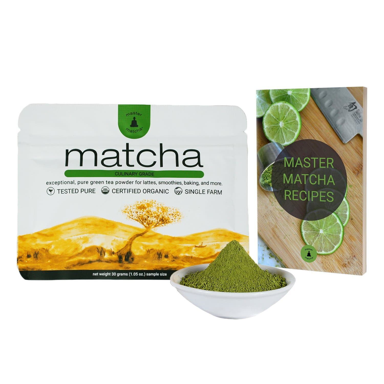 Matcha Green Tea Powder + Free Recipe eBook - 30 Gram Starter Size (1.06 Ounce) Certified Organic, Culinary Grade, Vegan, No Gluten, Non-GMO, No Preservatives, Sugarless