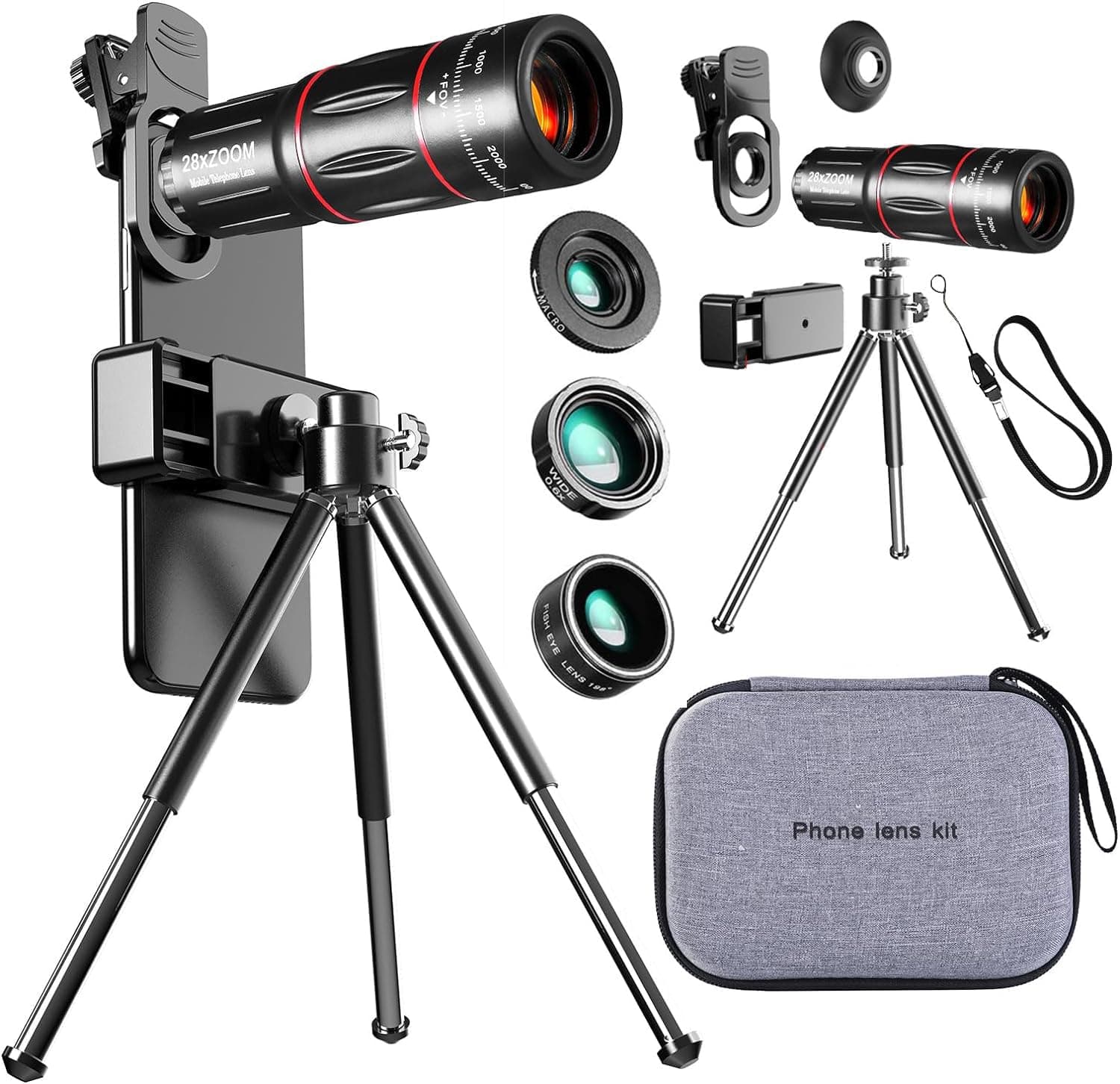 [Upgrade] 4 in 1 Phone Camera Lens Kit for iPhone Android, 28X Telephoto Lens, 0.6X Wide-Angle Lens, 20X Macro Zoom Lens, 198° Fisheye Lens for iPhone Samsung Android and Most Smartphones (Black)