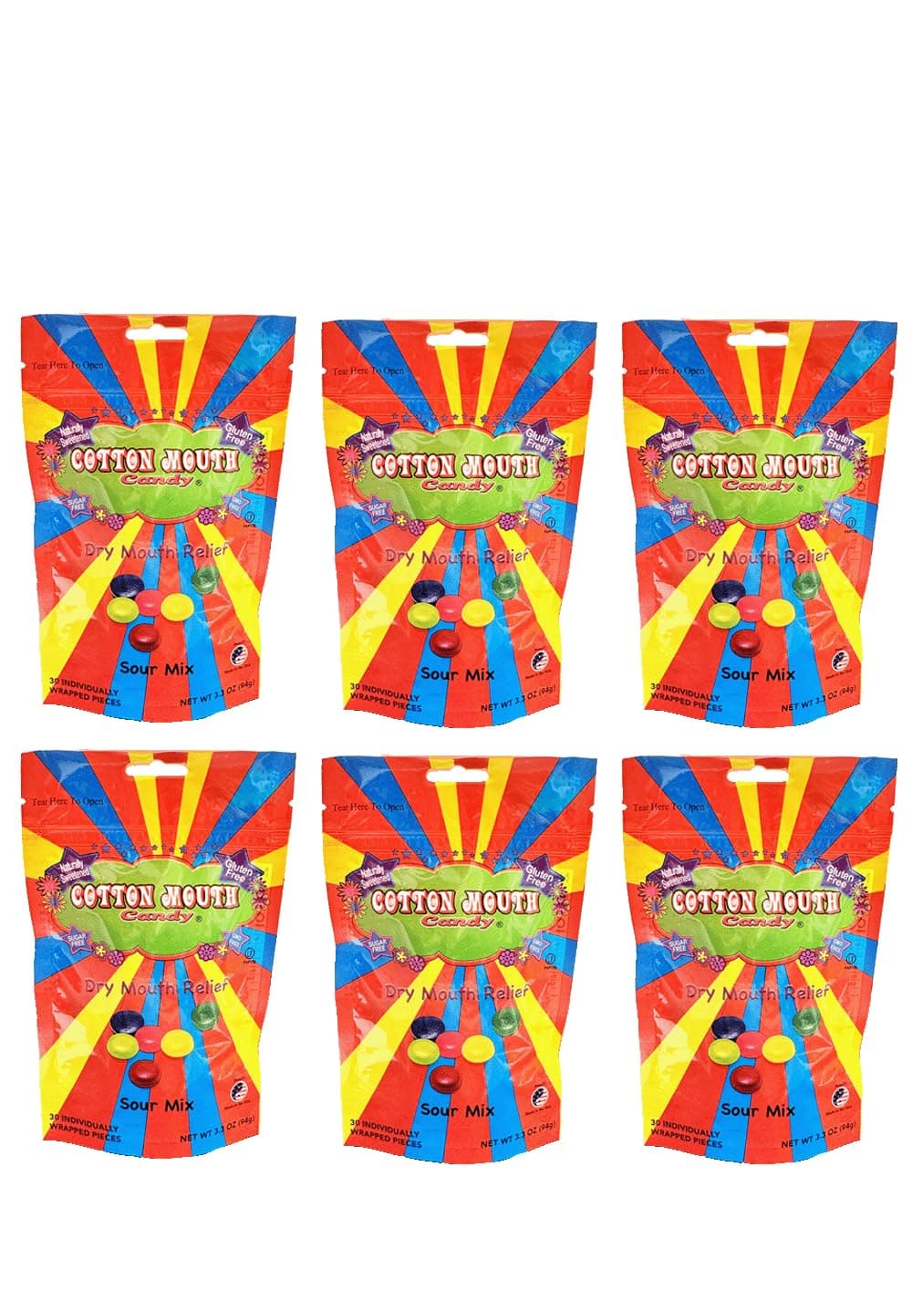 Cotton Mouth Candy Dry Mouth Relief Sour Mix 3.3 Ounce Bag (6 Bags) | Relieves Dry Mouth & Increases Saliva Production, Sugar Free, Gluten Free, Delicious Sour Flavor, Individually Wrapped, 30 Ct