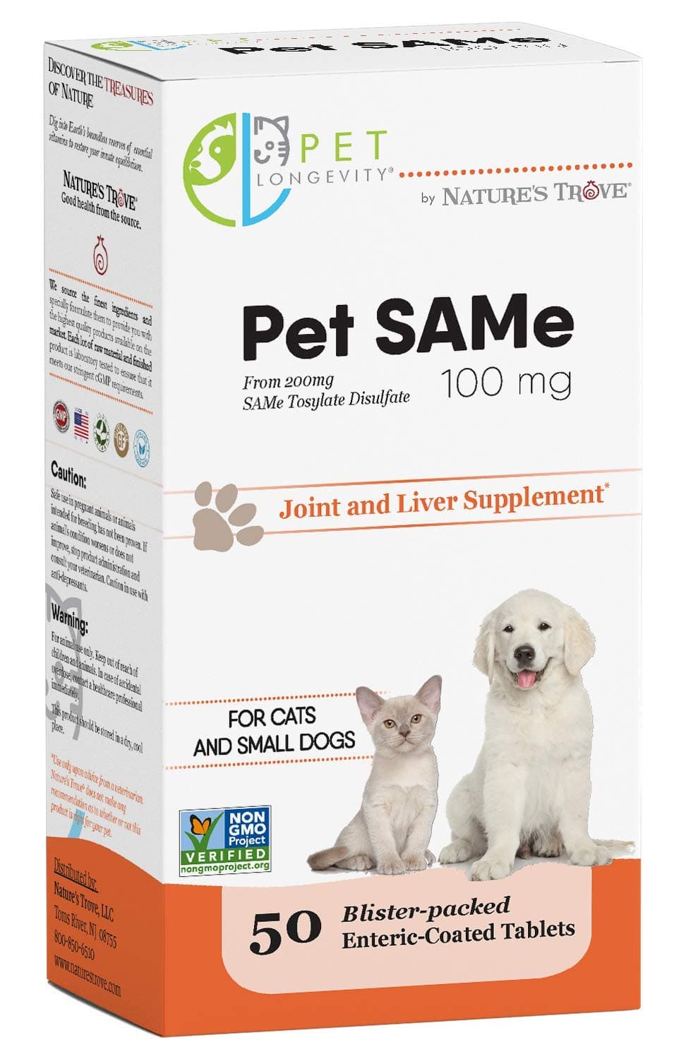Same 100 mg Pet Supplements – Liver and Joint Support for Cats, Small Dogs with Elevated Enzymes – S Adenosyl Methionine - 50 Gluten Free Enteric Coated Tablets – Non GMO Certified