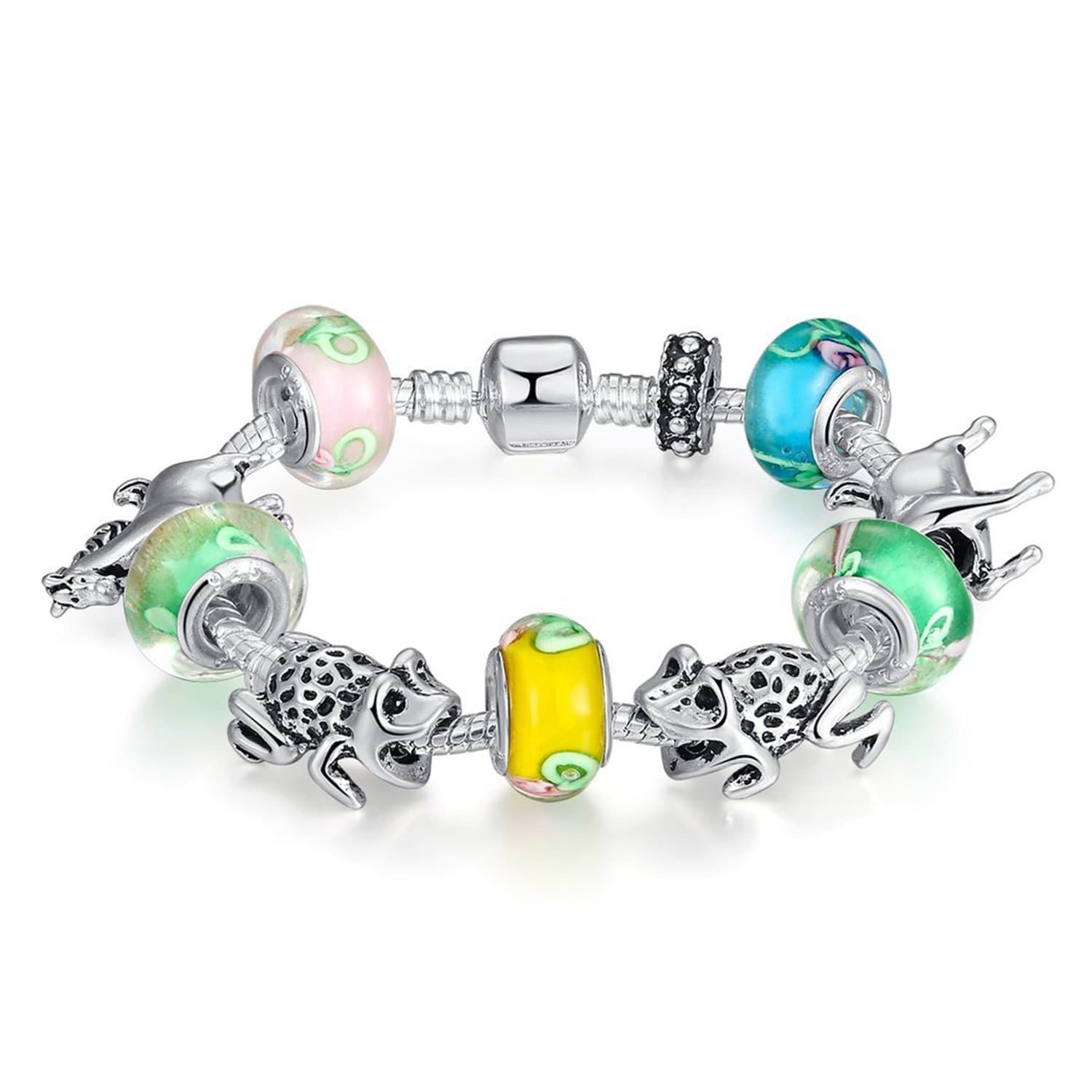 Fun Charm Jewelry Colored Glass Beads Frog Animal Silver Chain Love Charm Bead Bracelet 1038 20CM