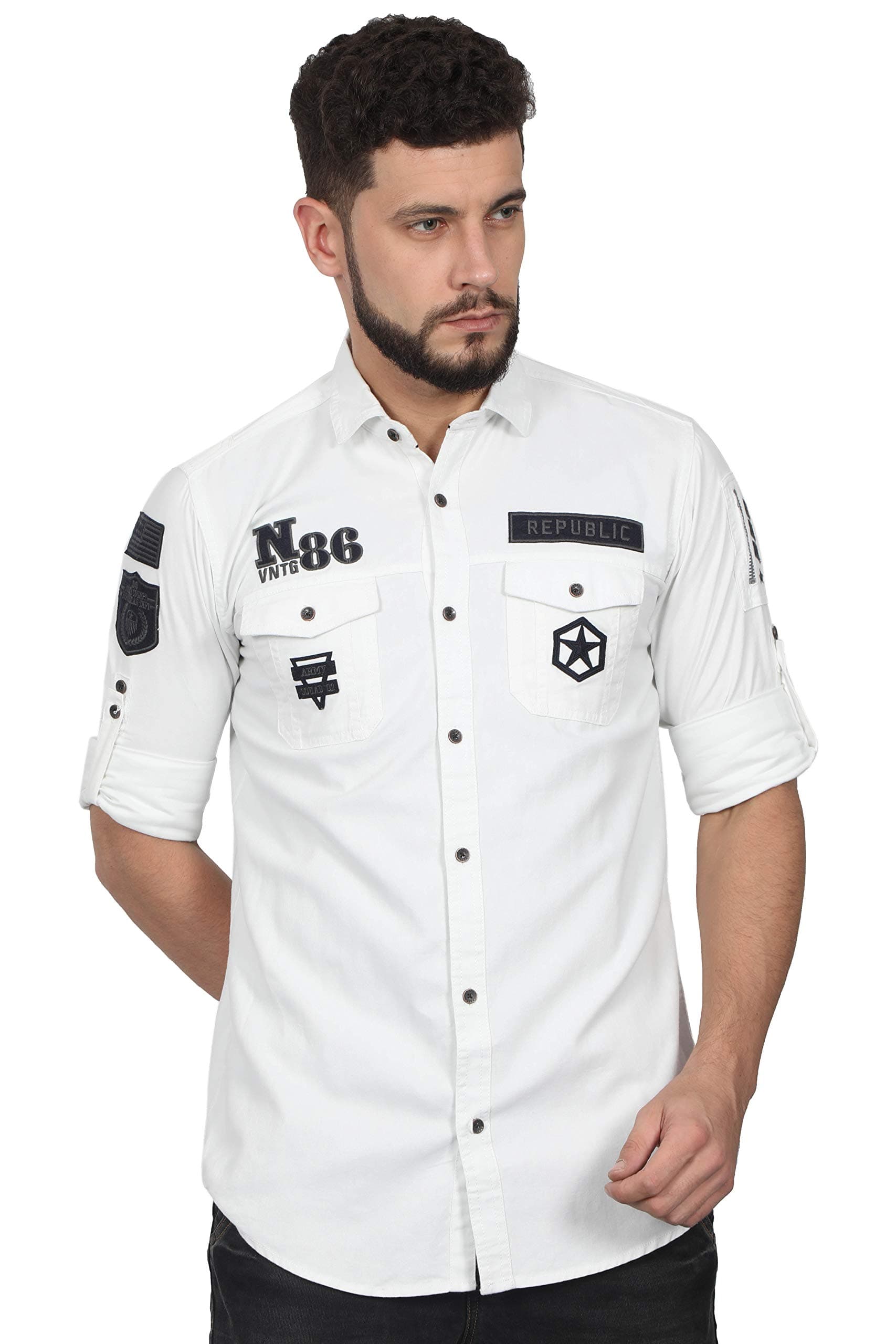 NORTH REPUBLIC Men's White Zip Stlye Cotton Full Sleeves Stylish Casual Shirt