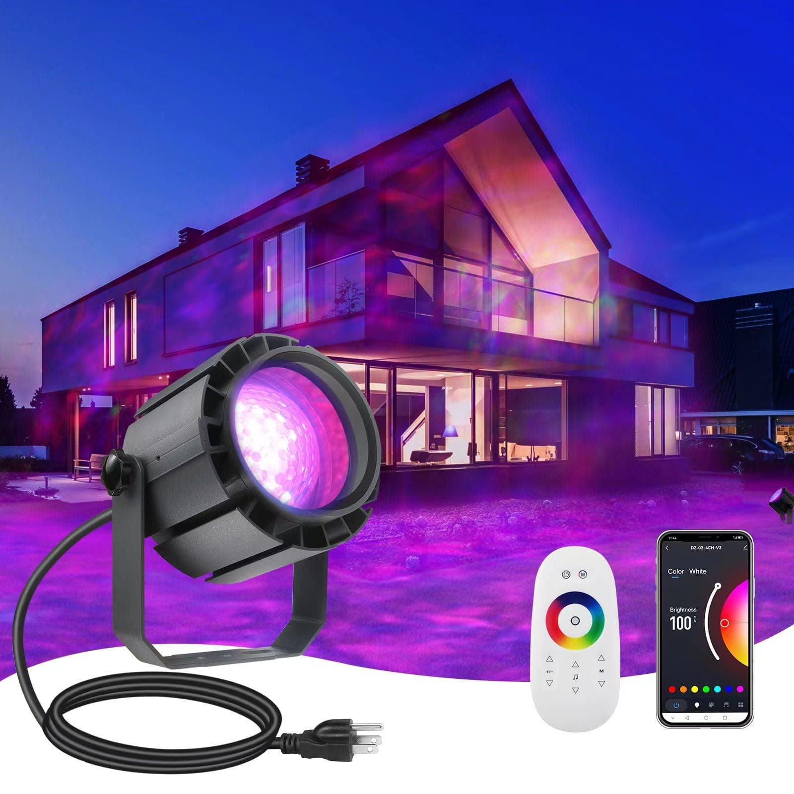 Smart Ocean Wave Projector Light with APP Controller, 150W Large Coverage Area Ripple Projector Outdoor, RGBW Color Changing Water Ripple Projector Light with RF Remote Controller