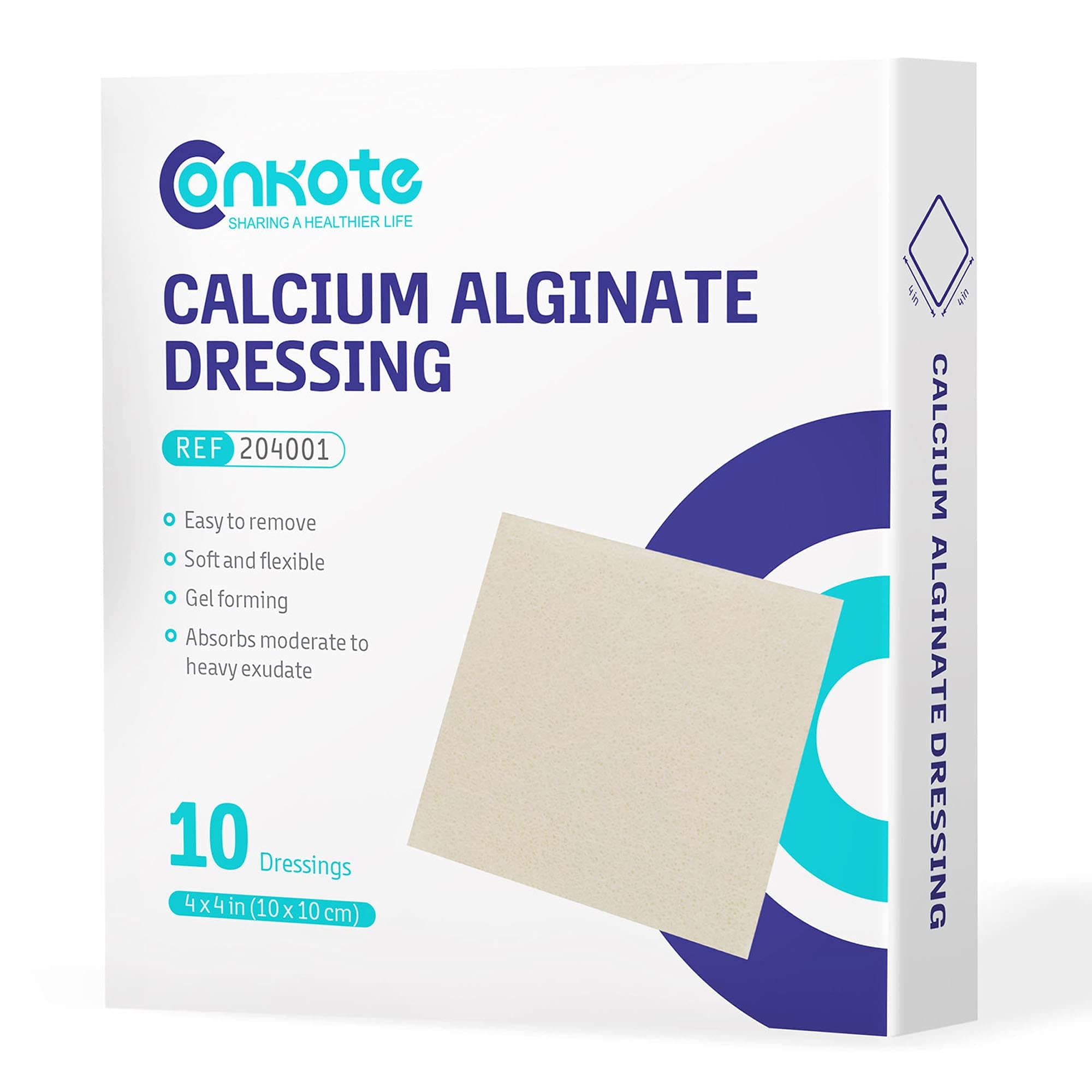 Conkote Calcium Alginate Wound Dressing Pads，4” x 4” Pad Size, 10 Pack, Non-Stick Padding, Sterile, Highly Absorbent & Comfortable