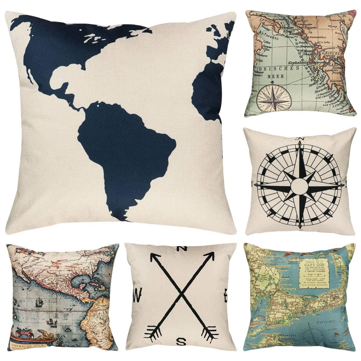 Faylapa 6 Pack Abstract Cartoon Flower Pillow Cases,Cotton Linen Decorative Cushion Cover (Geography Theme)