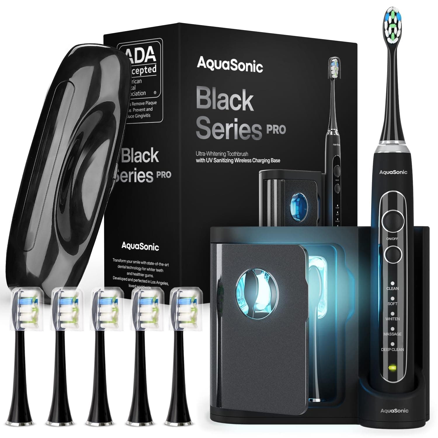 Aquasonic Black Series PRO UV – Ultra-Whitening Electric Toothbrush – 5 Modes & Smart Timers – UV Sanitizing Base, Premium Travel Case & 6 Proflex Brush Heads – ADA Accepted