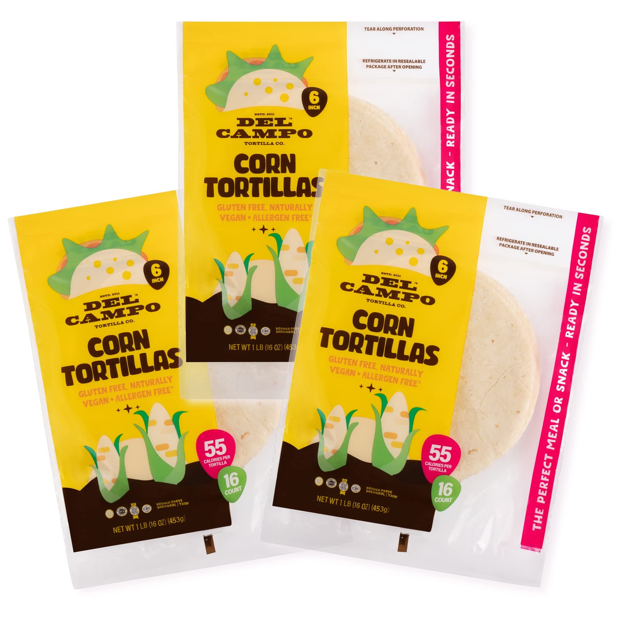 Del Campo Soft Corn Tortillas - 6 Inch Round 1 Lb. Bag. 100% Delicious, Gluten Free and All- Authentic Mexican Food. Serving Options: Wraps, Tacos, Quesadillas, Burritos. 16ct (Three Pack Special)