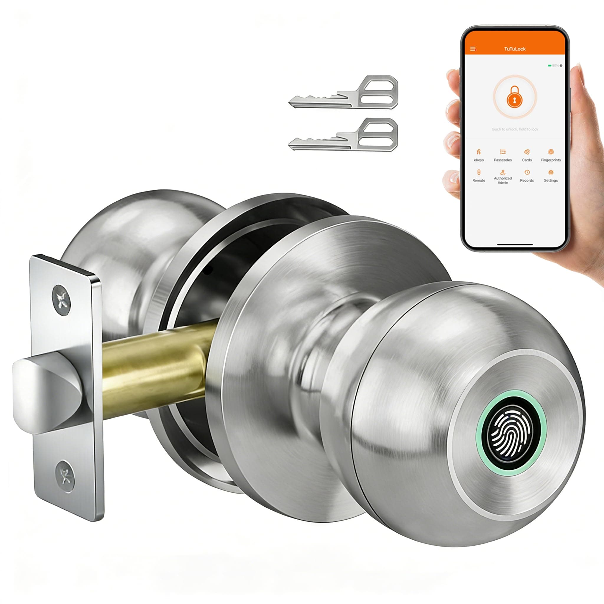 Smart Door Knob,Fingerprint Door Knob,Biometric Smart Door Lock with App Control,Metal Alloy Door Knob,Easy Installation,Great for Bedrooms,Cloakroom,Apartments Offices,Hotel(Sliver)
