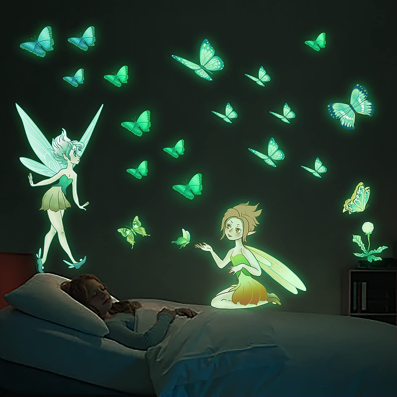 MESU Glow in The Dark Flower Fairy Stickers Butterfly Luminous Wall Decals Home Decor for Girls Kids Room Fairy