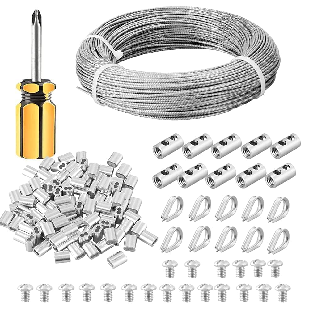 1/16 Wire Rope Kit, 328ft Vinyl Coated Stainless Steel Cable with M2 Clamp,Thimbles & Crimping Loops, 7x7 Strands Metal Cable for Curtain, Trellis Wire, Strings Light Hanging