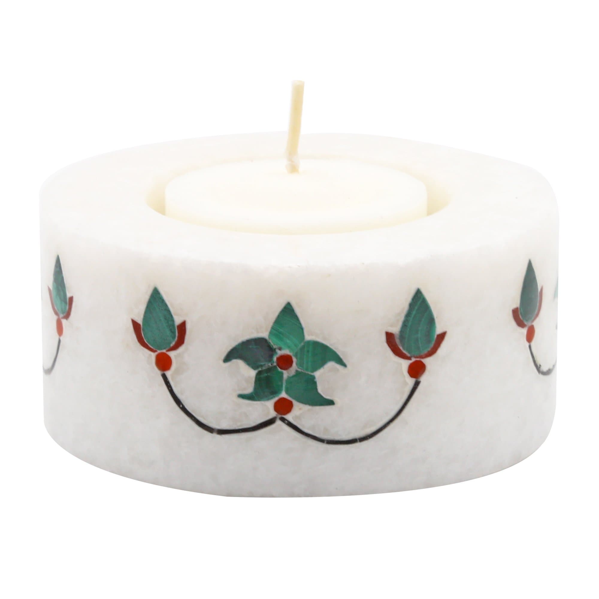 Pietra dura Marble Candle Stand - Tealight Round - Handcrafted Design and Inlaid with Pure Natural and Semi Precious Stones