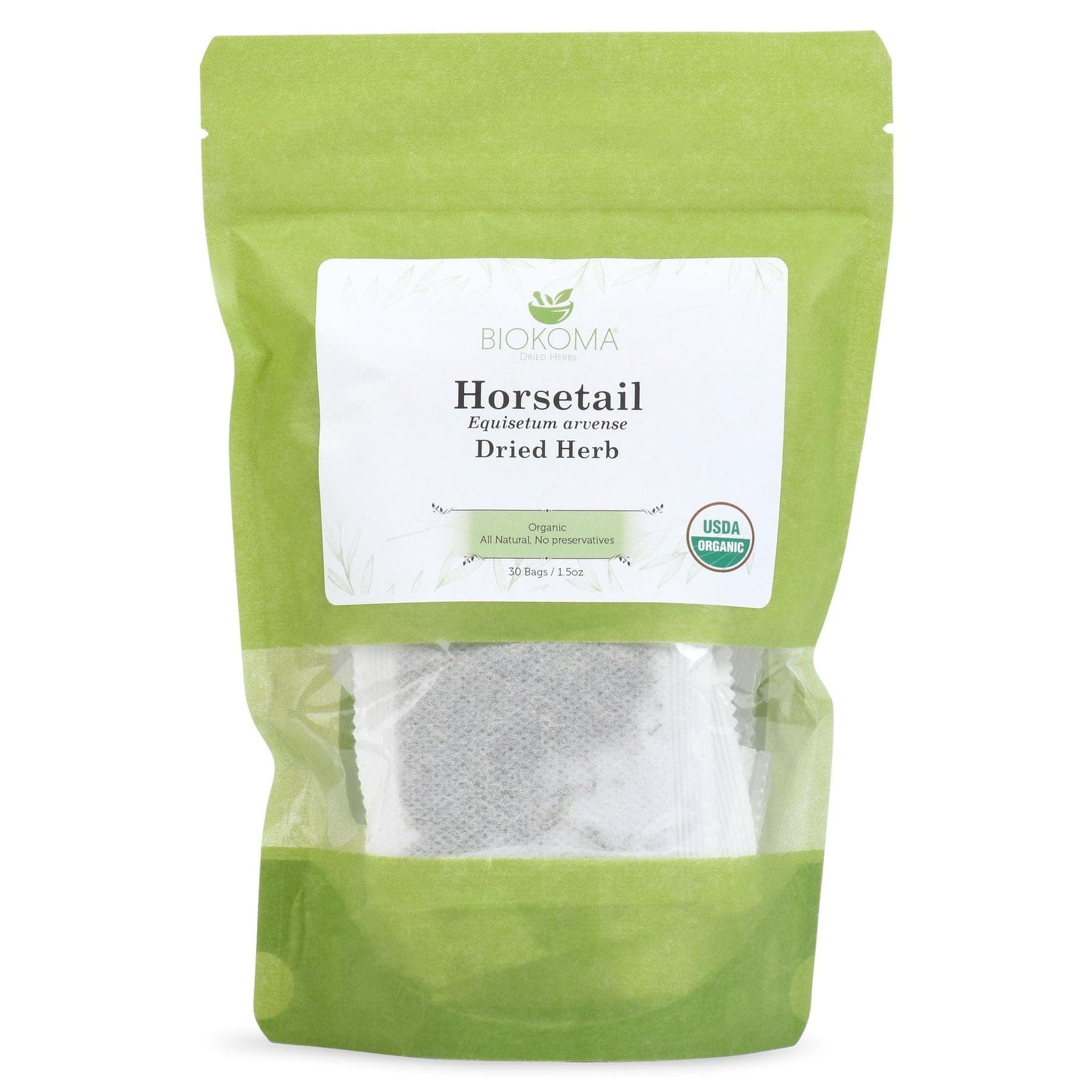 Organic Horsetail Dried Herb 30 Tea Bags Shavegrass Equisetum Arvense USDA Organic Herbal Tea Healthy Hair Skin Nails Support Resealable Pouch Pure No Additives Non-GMO Caffeine Free Kosher