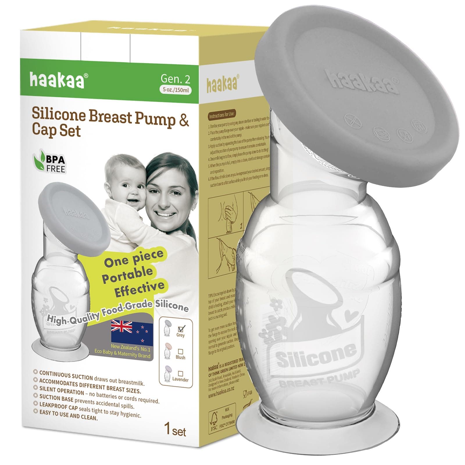 haakaa Manual Breast Pump Silicone Breast Pump & Silicone Cap Set 5.4oz/150ml