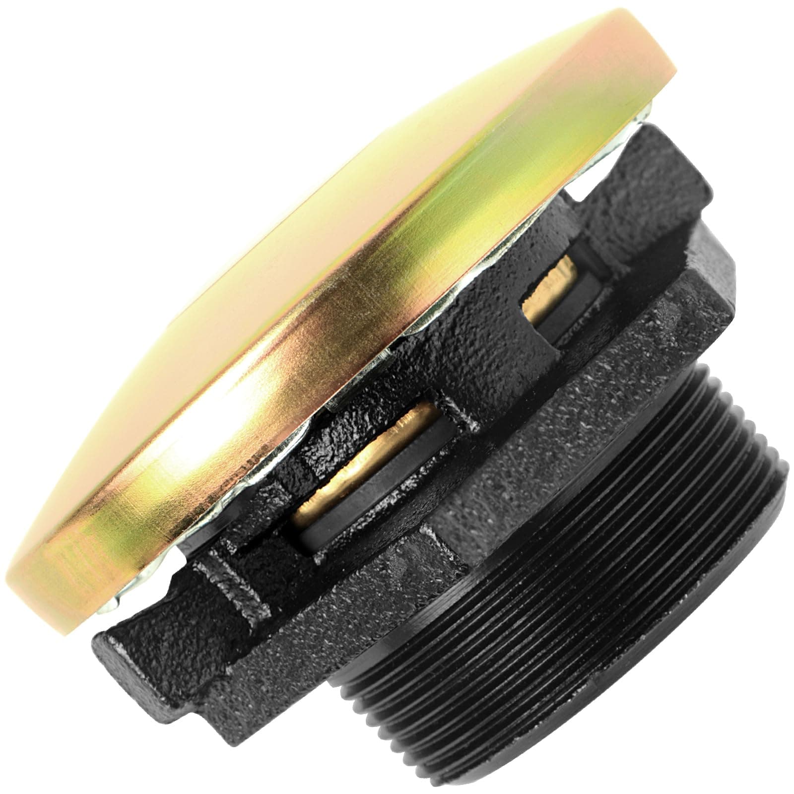 Transfer Tank Vented Cap w/Threaded Neck, Diesel Fuel Tank Cap, Gold, Iron, Compatible with Truck, Tractor, 2" NPT Threaded Tank Bung Base