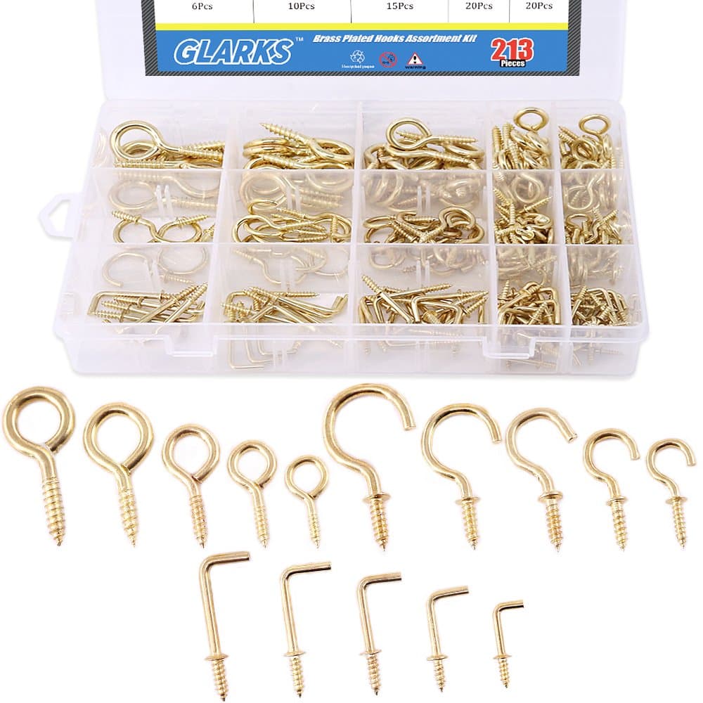 213-Pieces Brass Plated Screw Eyes & Screw-in Ceiling Cups Hooks & Square Bend Hooks Assortment Set Kit for Hanging