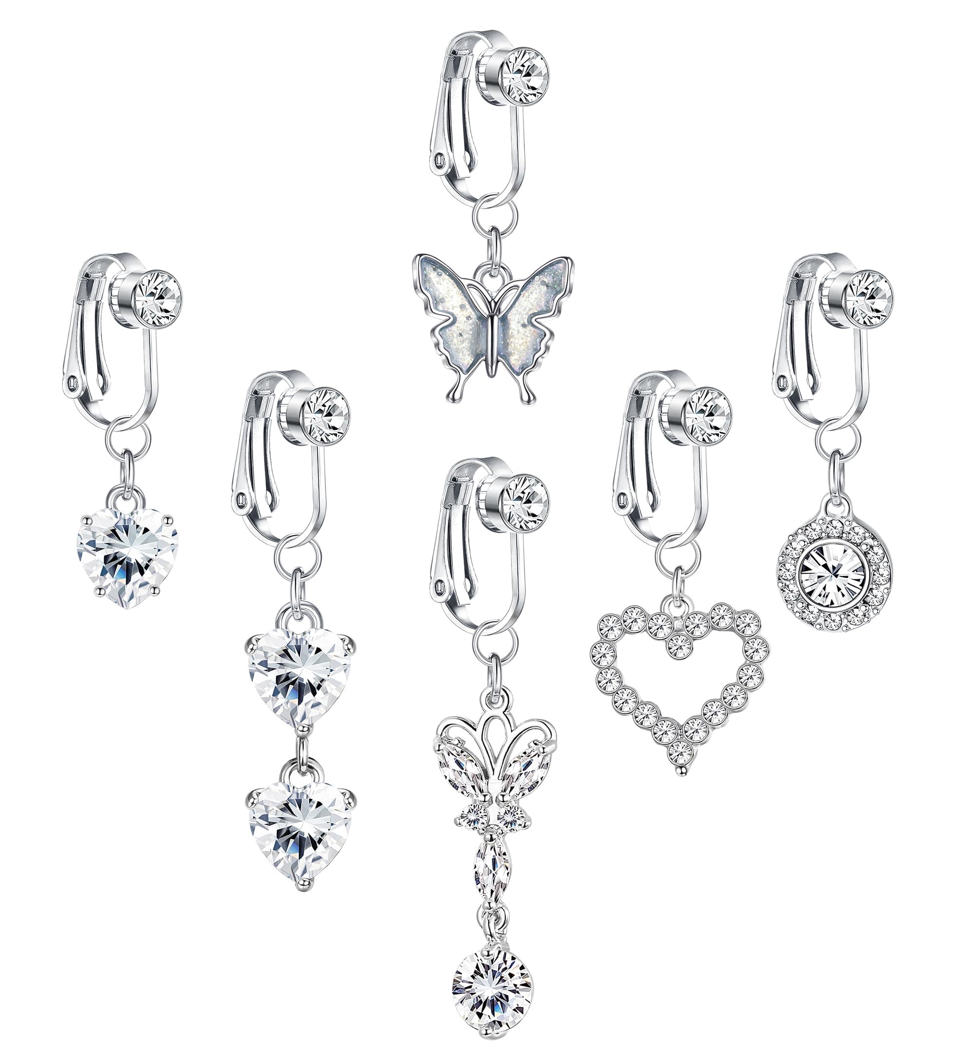 6 Pcs Fake Belly Rings Clip on Belly Piercing for Women Surgical Steel Navel Bars with Dangle Heart Butterfly Moon Demon Evil Eye Fake Belly Button Rings Non Piercing Jewellery