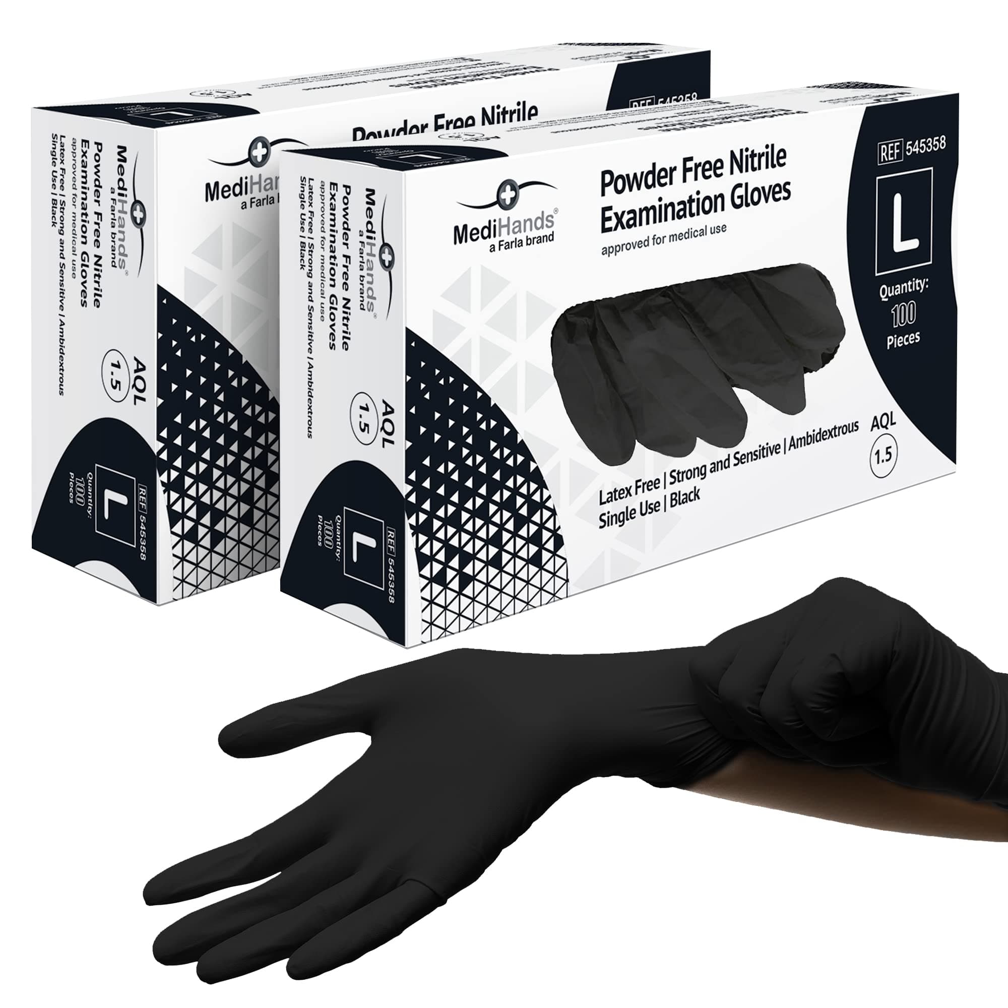 Farla Medical MediHands Disposable Large Nitrile Gloves - Powder Free and Latex Free Surgical Gloves - Multi-Purpose, Single Use Medical Gloves - Box of 200, Black