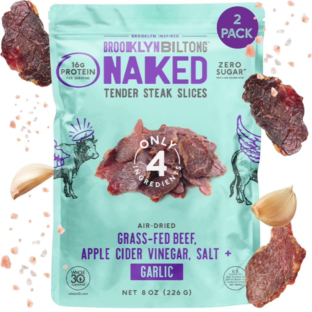 Brooklyn Biltong Air Dried Grass Fed Beef Snack, South African Beef Jerky (8 oz, Pack of 2) - Whole30 Approved, Paleo, Keto, Gluten Free, Sugar Free, Made in USA - (Garlic)