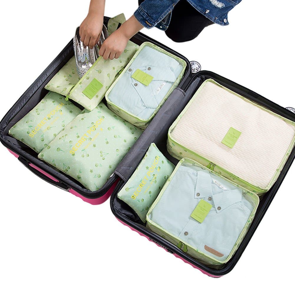 7Pcs Travel Storage Bags Clothes Packing Cube Luggage Organizer with Shoes Bag (Green cherry)
