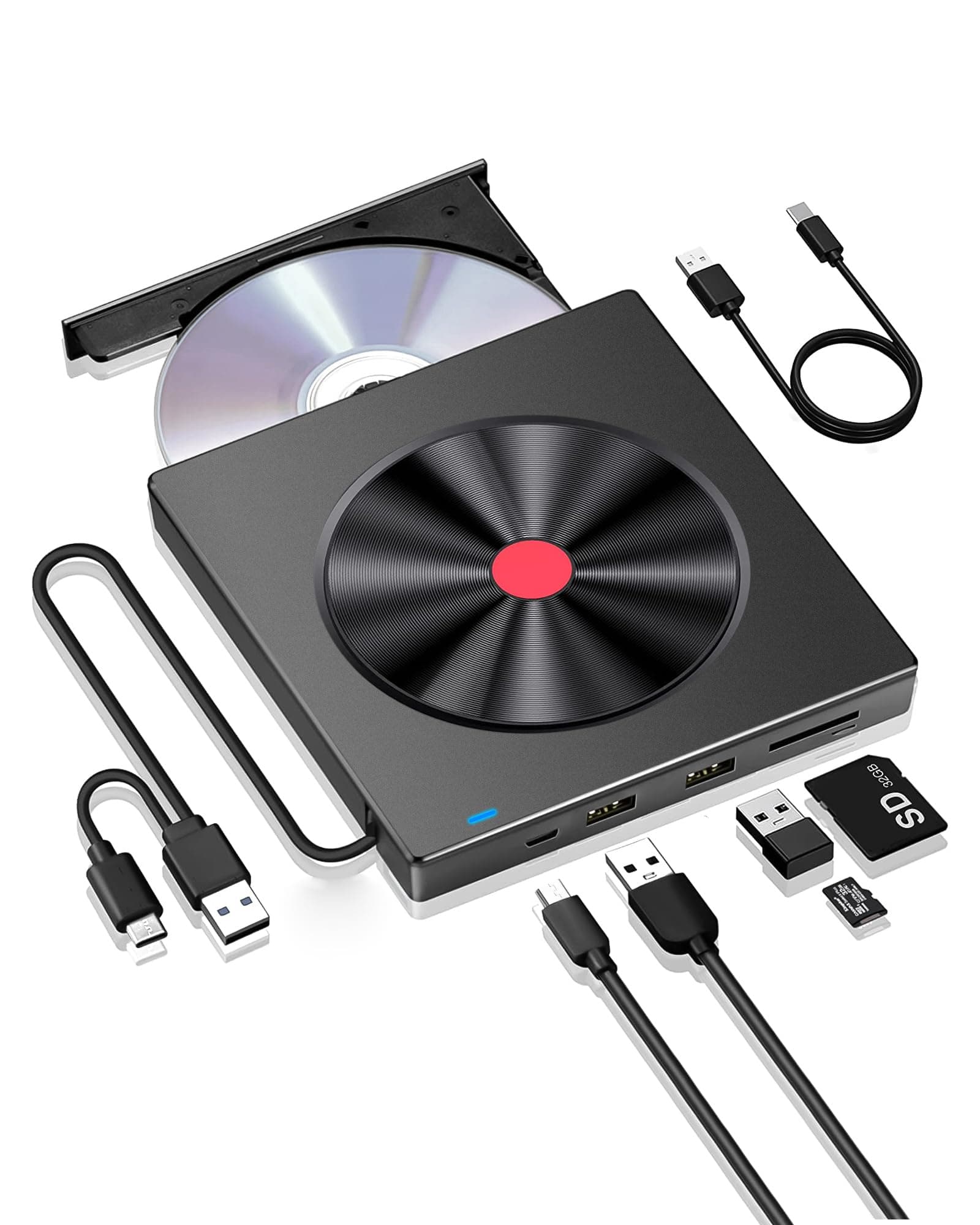 BEVA External DVD Drive, CD Drive USB 3.0 Type C Portable CD/DVD ROM +/-RW Burner Rewriter with SD TF Slot & USB Ports, Slim DVD Player for Laptop Mac Macbook Pro Air PC Apple iMac Windows