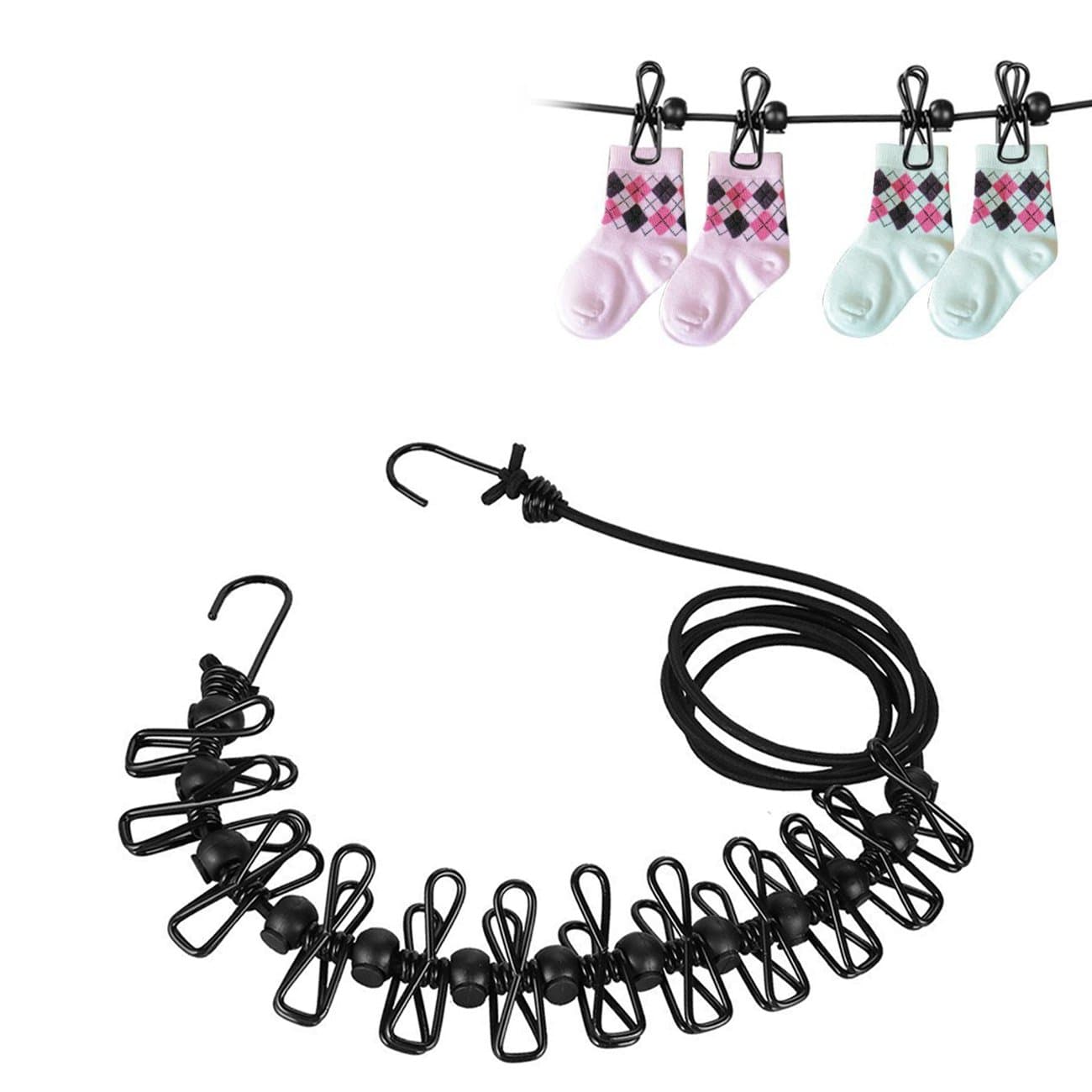 Mopoin 2 Pack Outdoor Portable Clothesline, Elastic Adjustable Washing Line with 12 Wire Coated Clips Positioning Buckle for Travel Vacation Outdoor Camping (185-360cm)